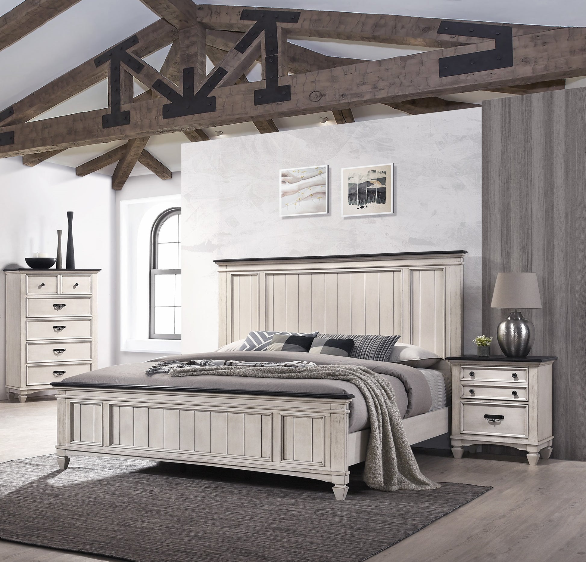 Antique white panel bed frame with black accents rustic farmhouse style
