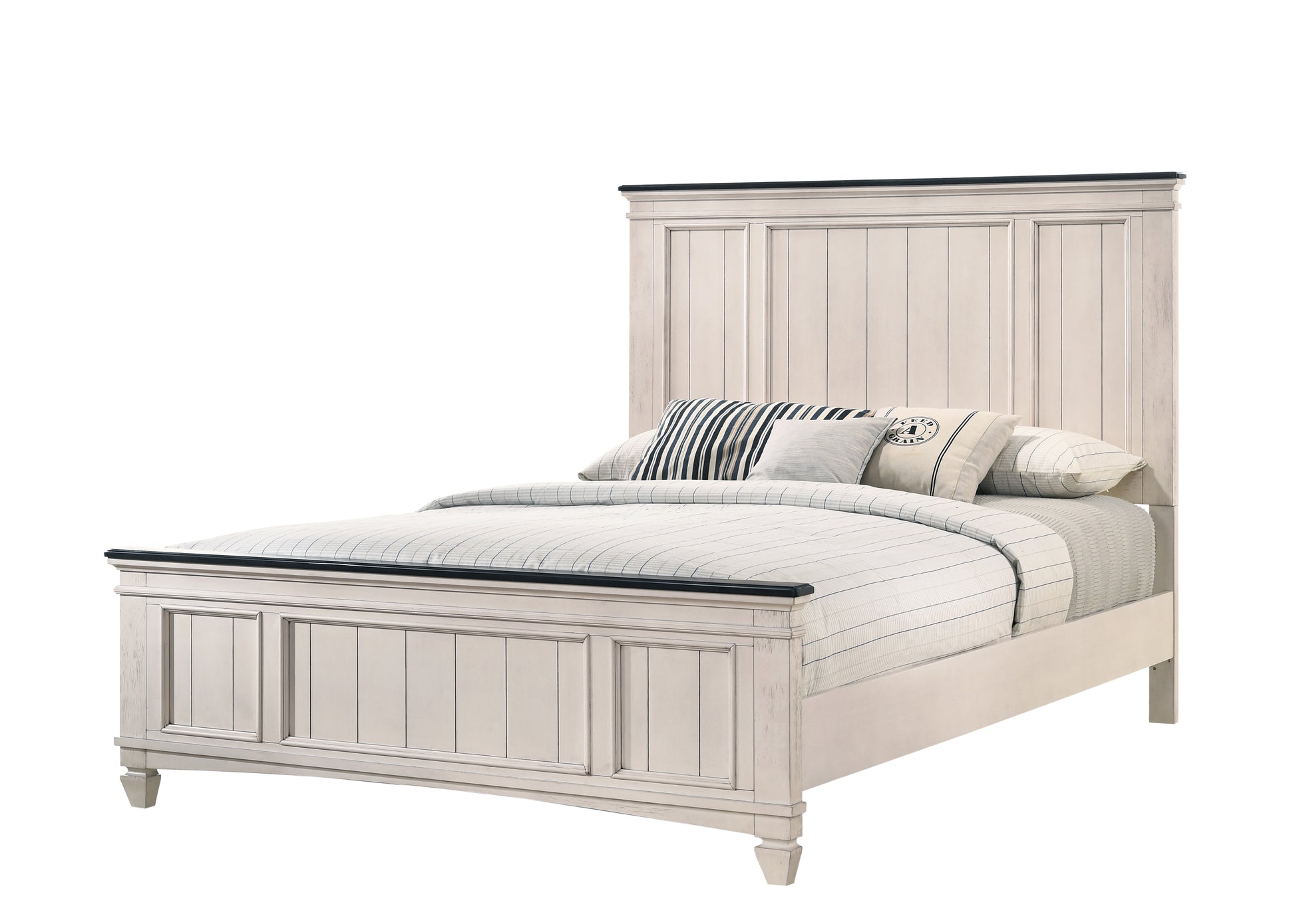 Cream shiplap panel bed frame with dark wood trim navy striped bedding and accent pillows