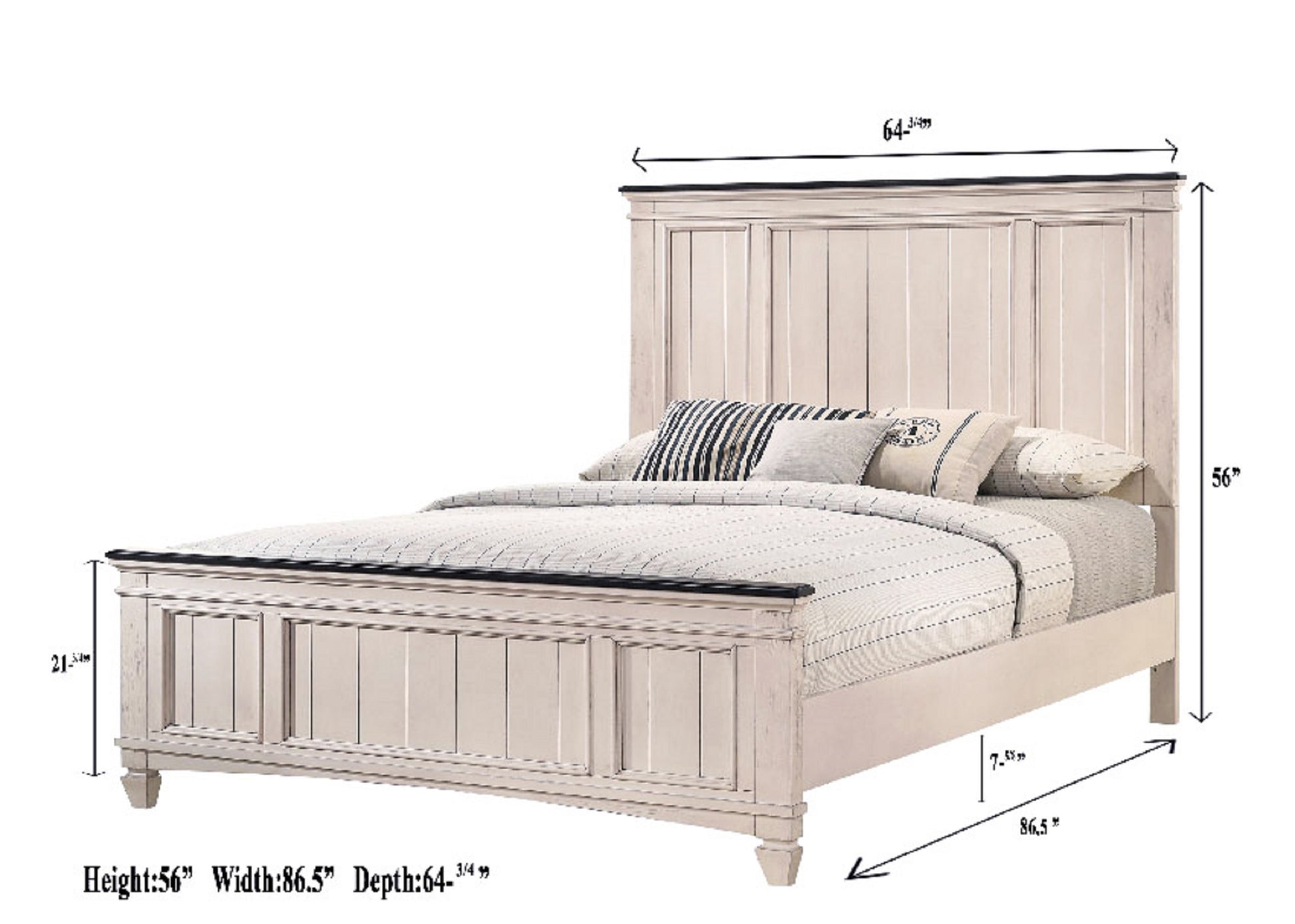 Distressed white queen bed frame with paneled headboard and footboard coastal style