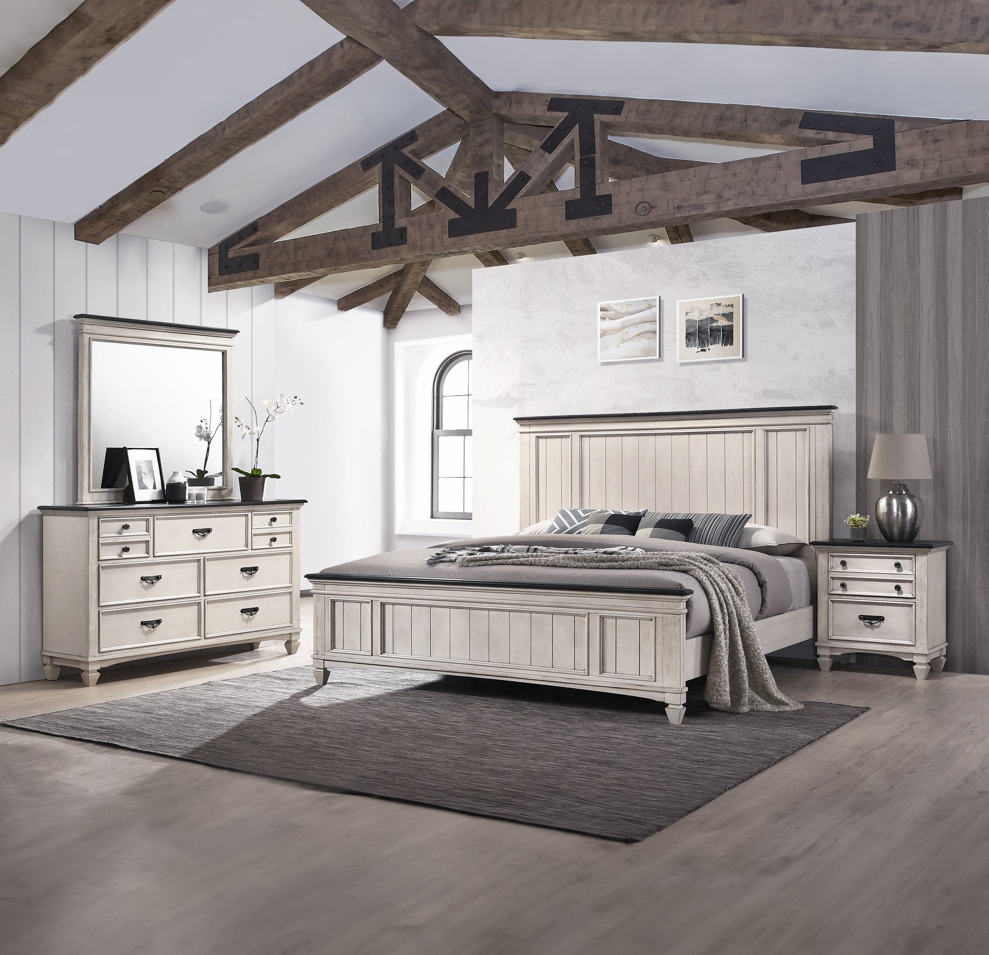 White and black paneled king bed frame with upholstered headboard rustic style