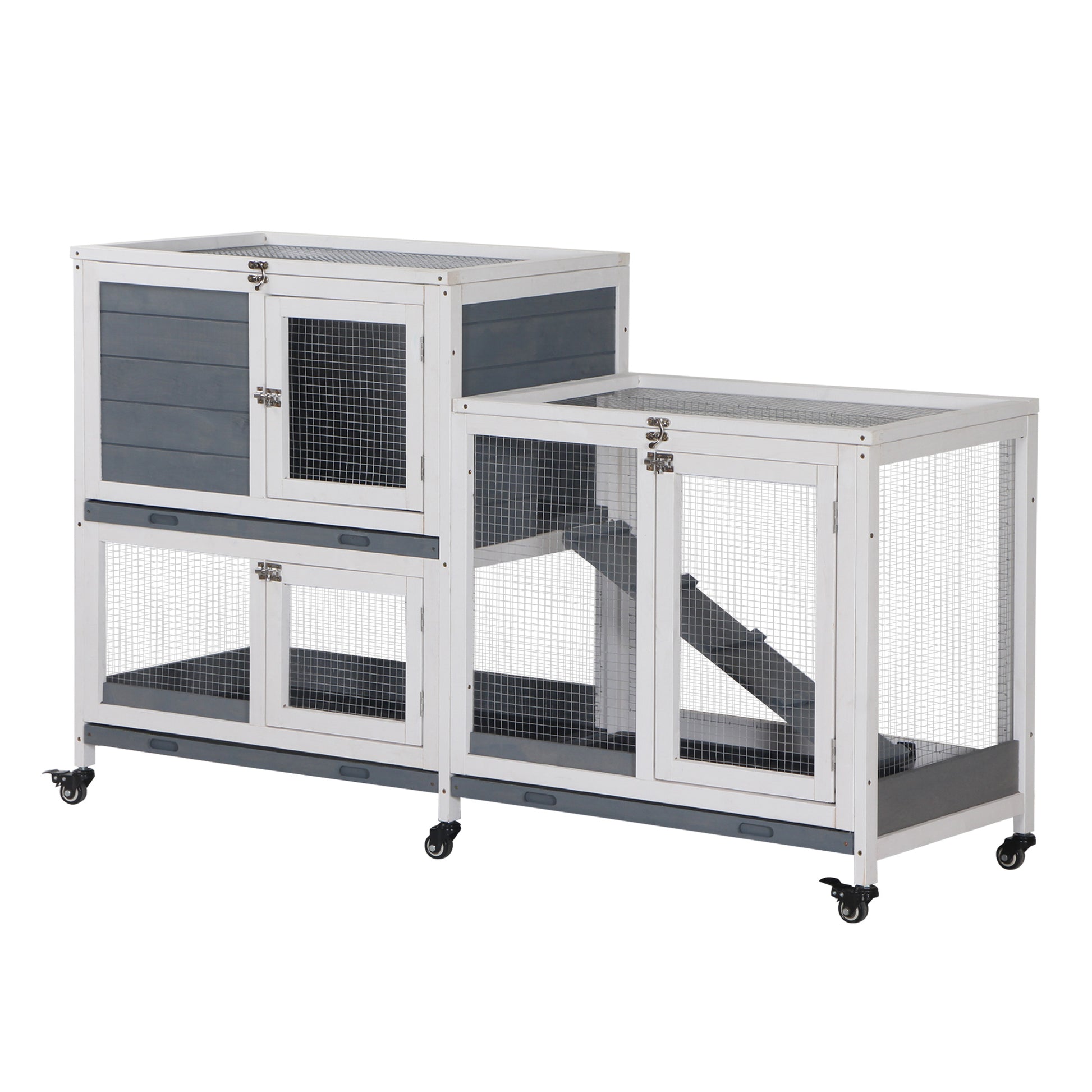 Twotier grey and white wooden rabbit hutch with wire mesh doors and ramp