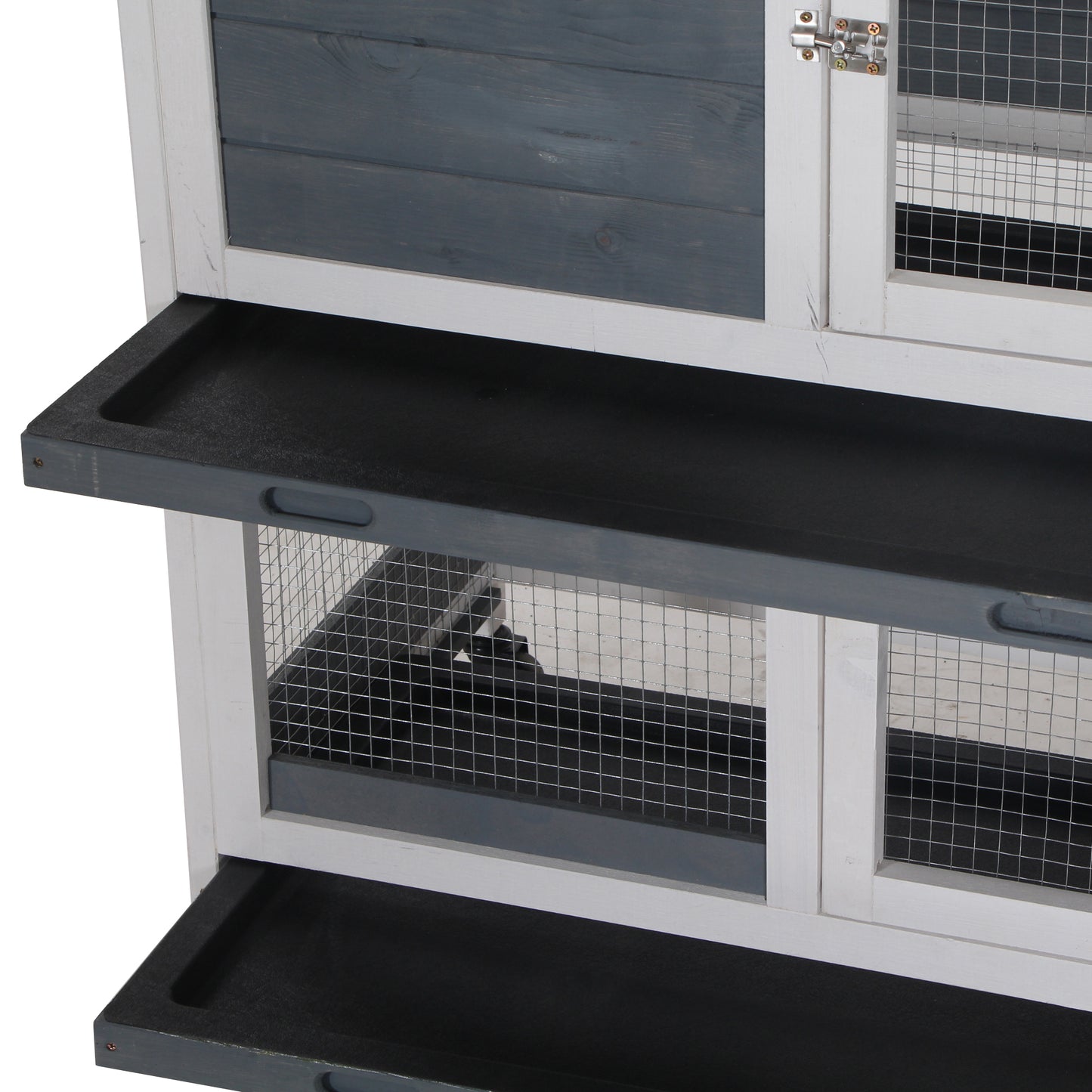 White and grey wooden pet hutch with wire mesh and pullout trays