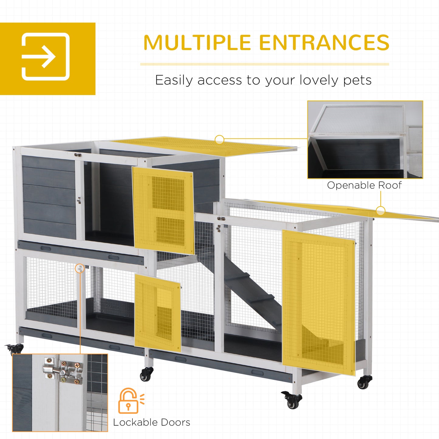 Gray and white multilevel pet hutch with yellow doors and ramps