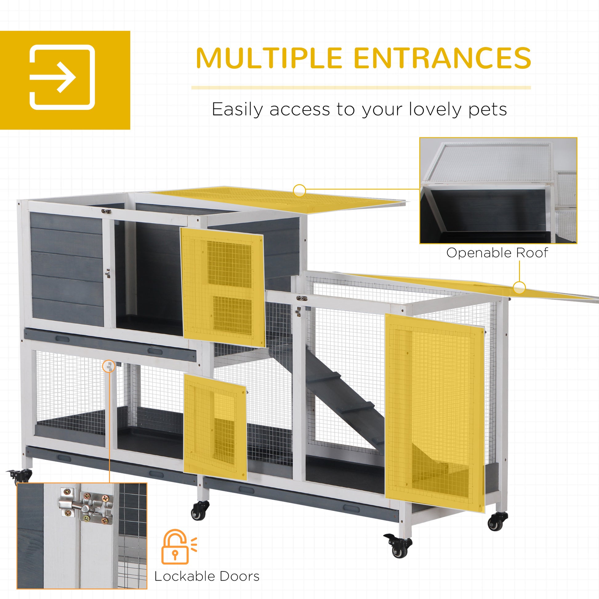 Gray and white multilevel pet hutch with yellow doors and ramps