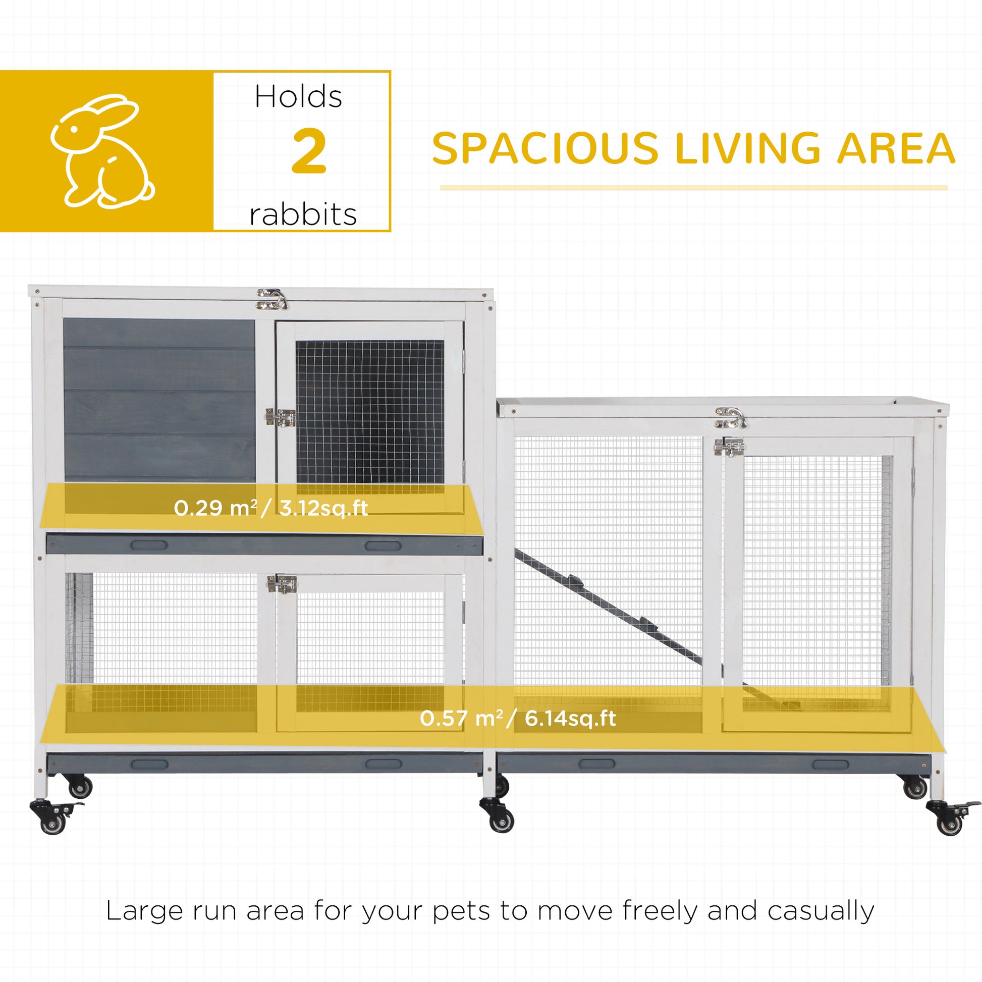 Spacious wooden rabbit hutch with two levels and wire mesh doors for ventilation