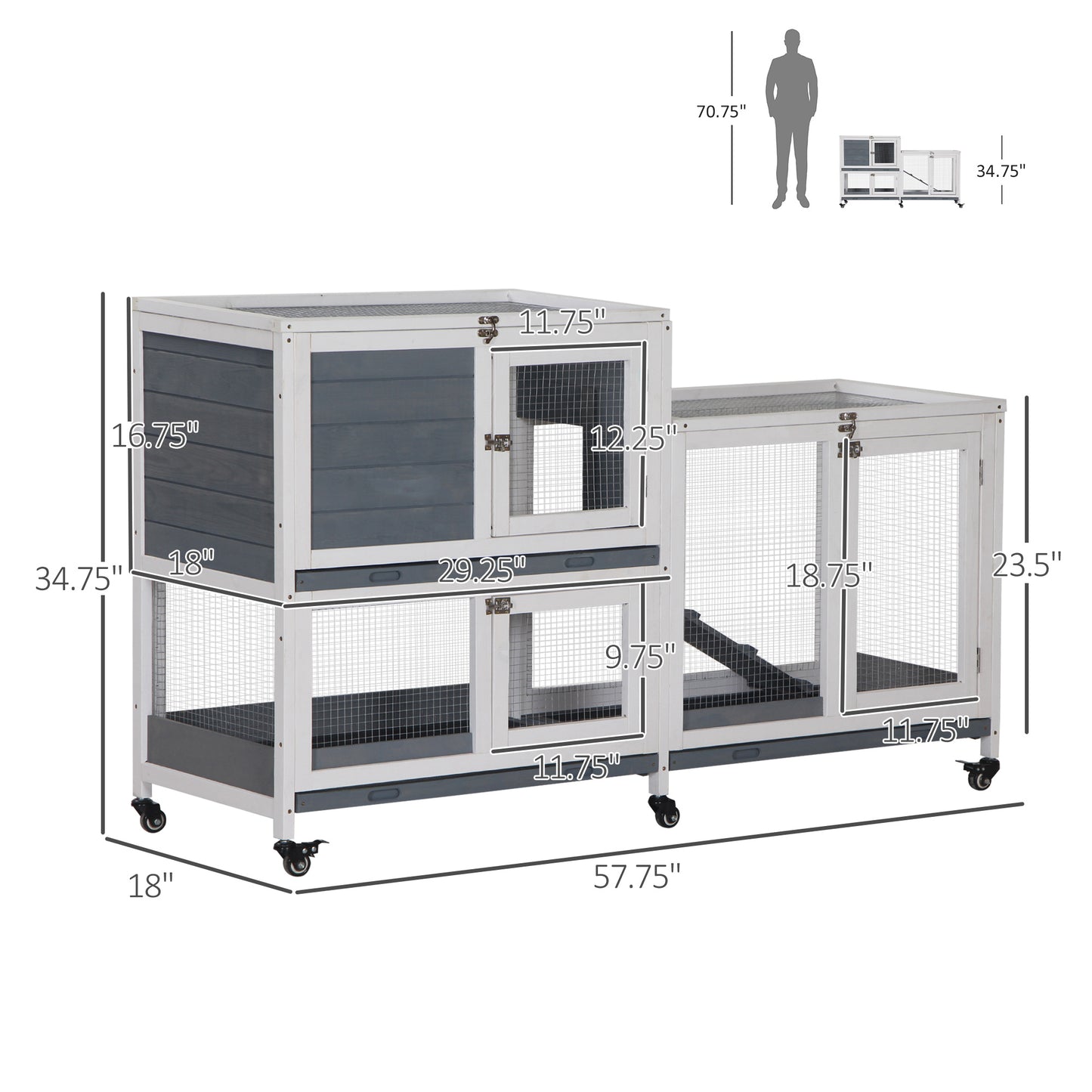 Large twotier rabbit hutch with gray wood accents and wire mesh doors on wheels