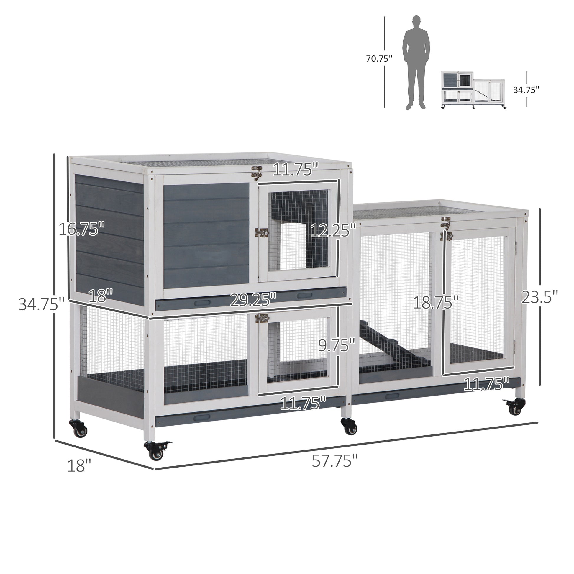 Large twotier rabbit hutch with gray wood accents and wire mesh doors on wheels