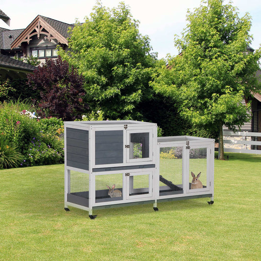 Twotier wooden rabbit hutch with grey and white panels featuring wire mesh doors and a wheeled base