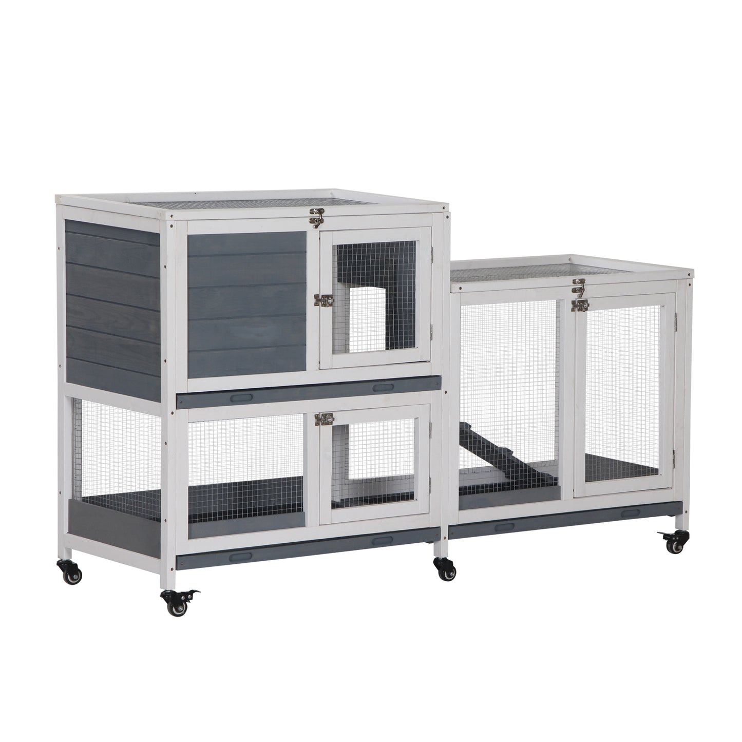 Twotier wooden rabbit hutch with gray and white finish wire mesh doors and wheels