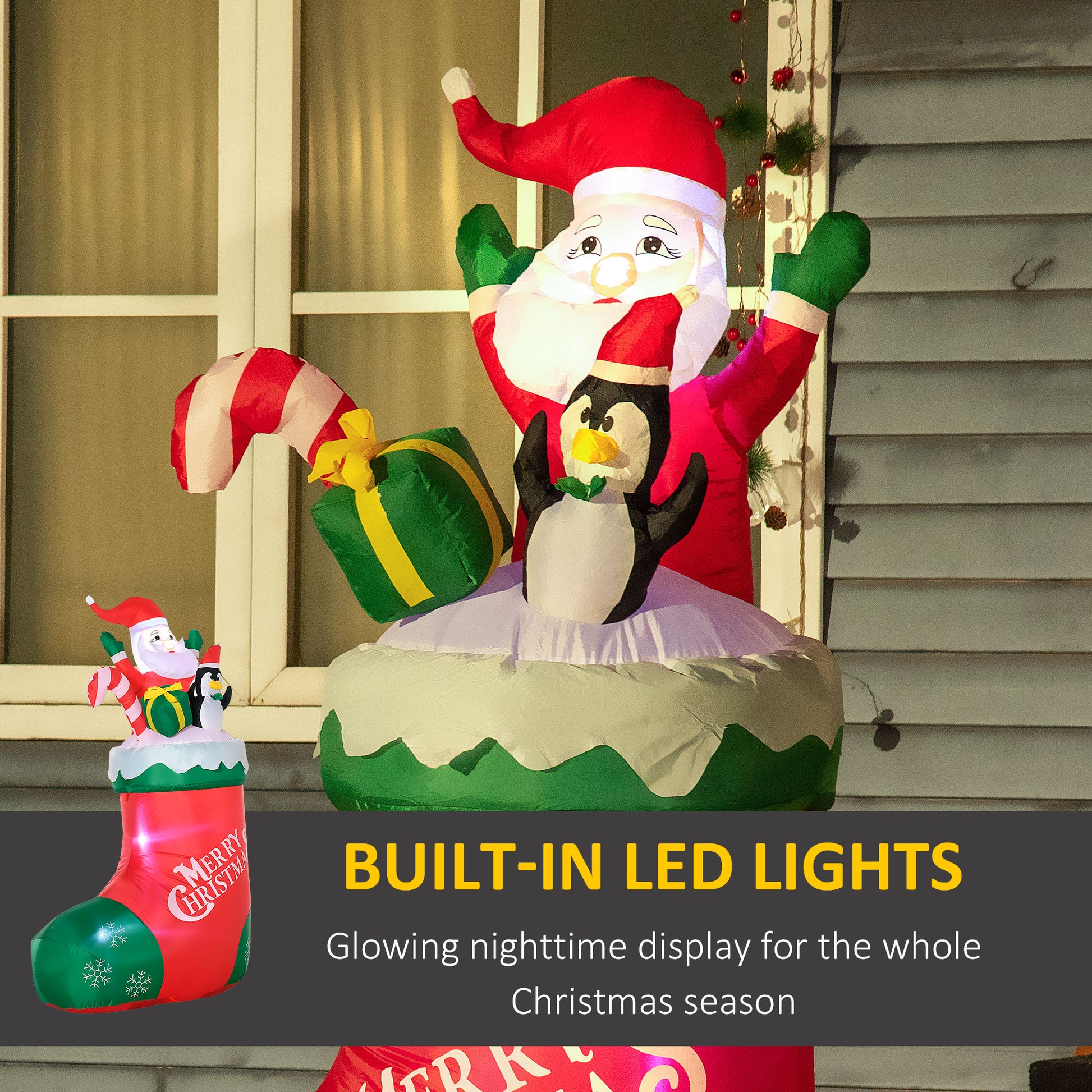Inflatable Santa and penguin Christmas decoration with builtin LED lights