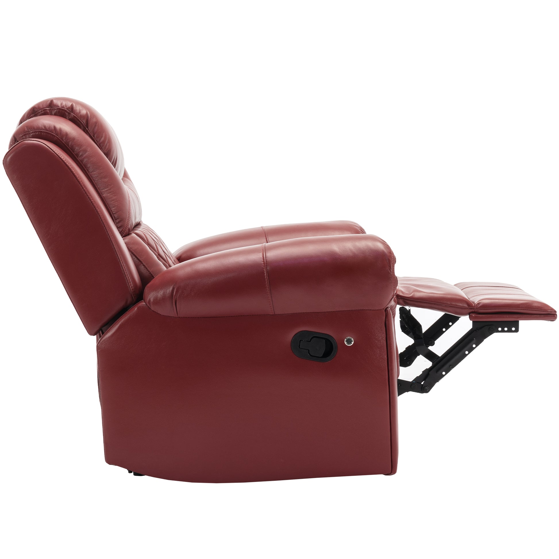 Red leather recliner chair with extended footrest and visible mechanism