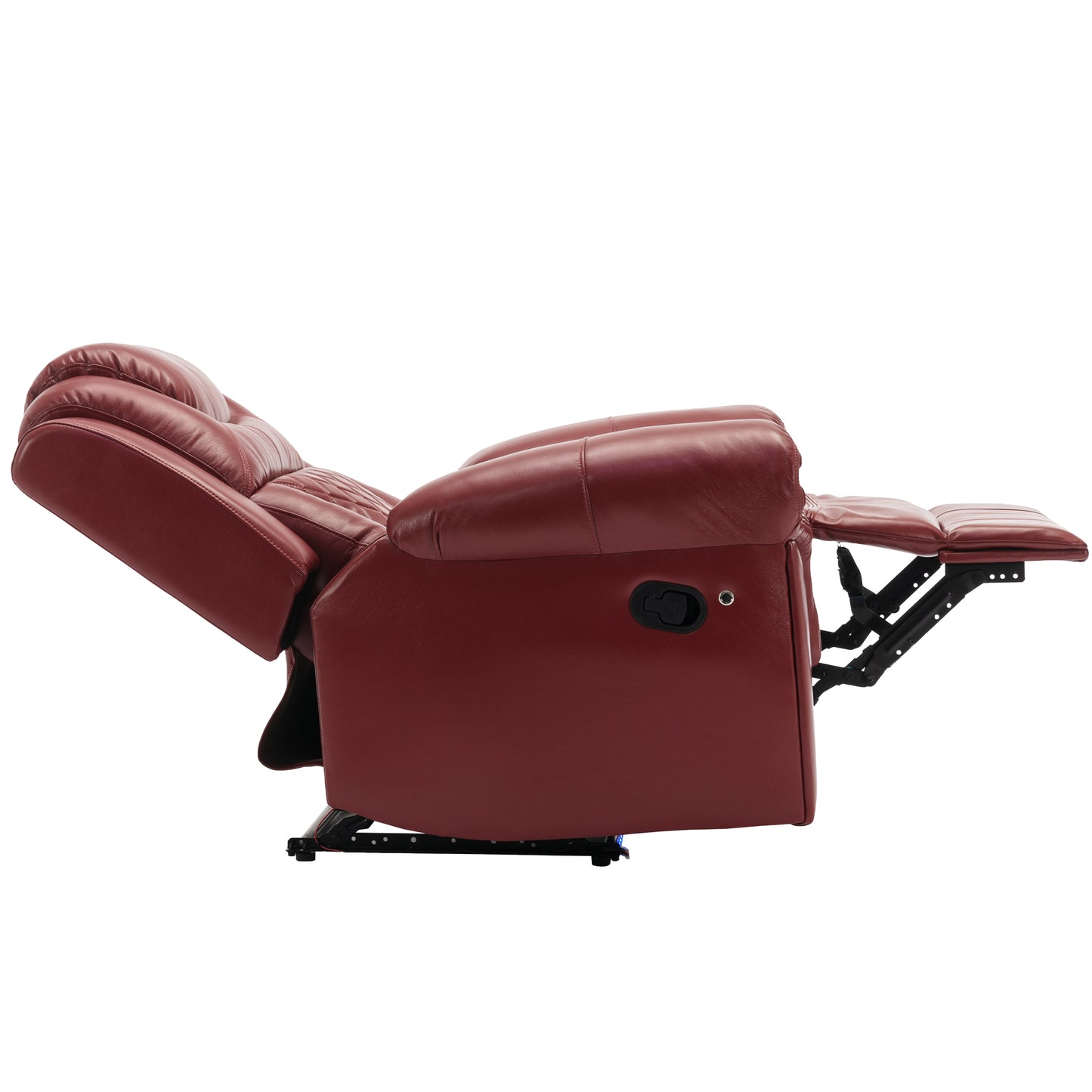 Red leather recliner chair with fully extended footrest for ultimate comfort
