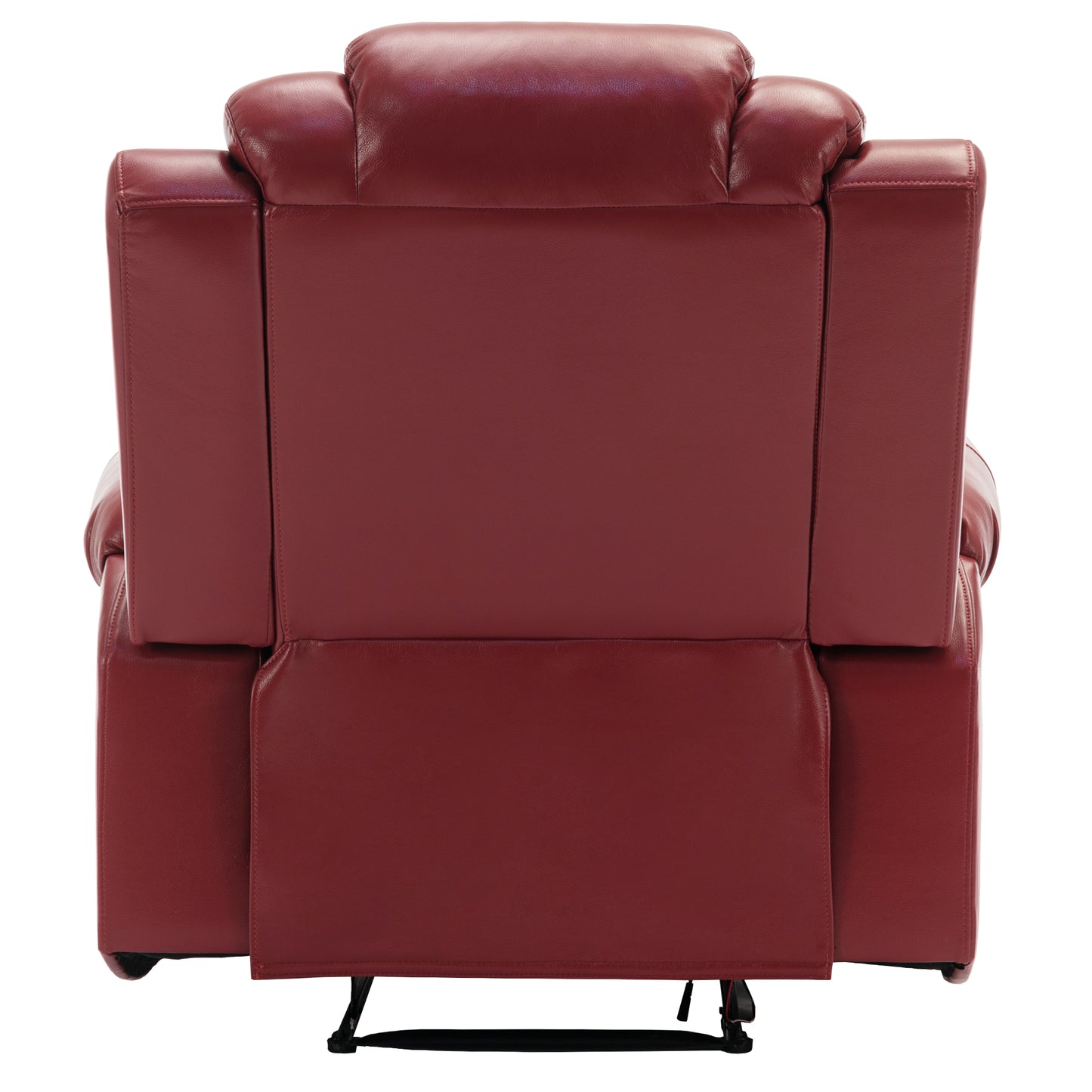 Back view of a plush red leather recliner chair with padded headrest and arms