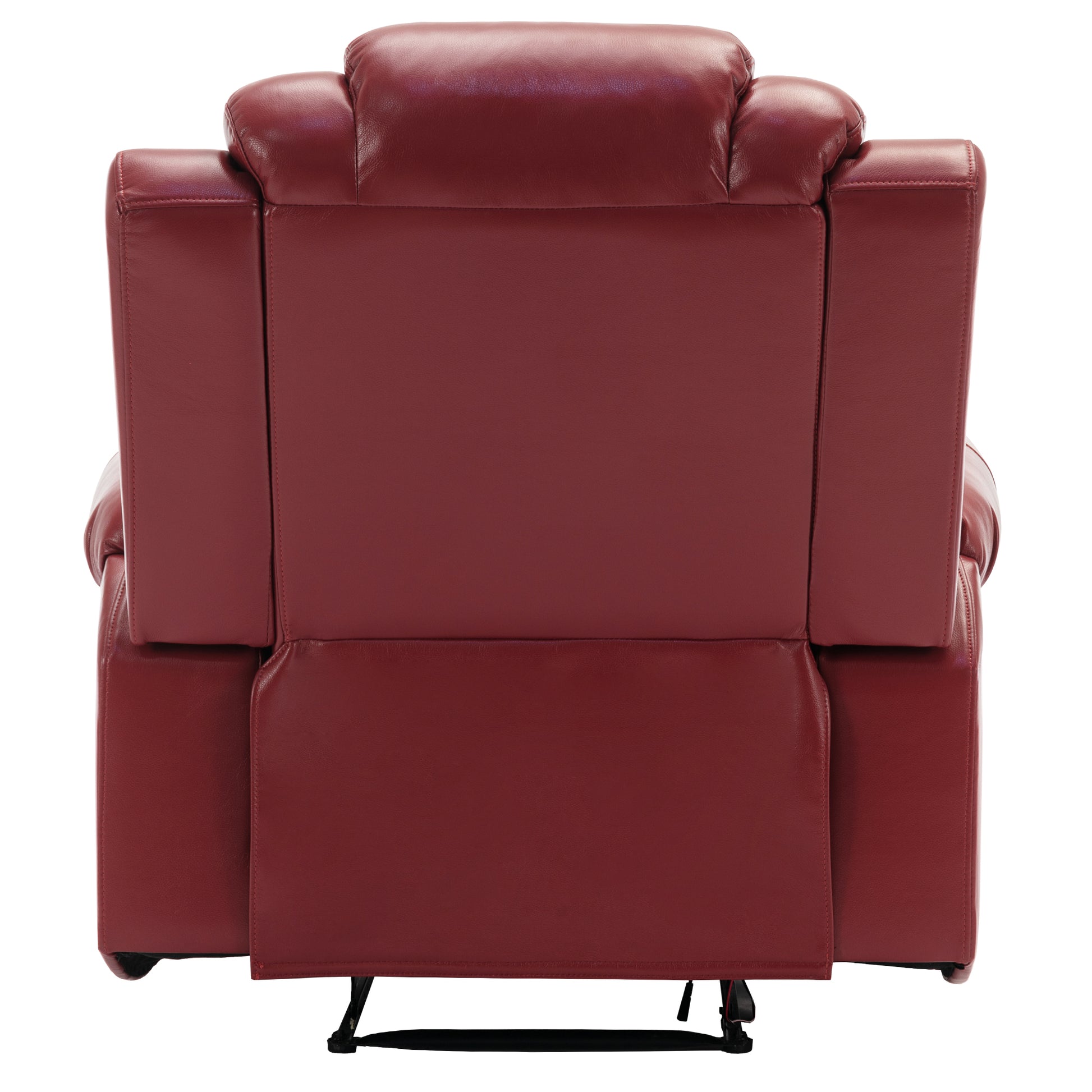 Back view of a plush red leather recliner chair with padded headrest and arms