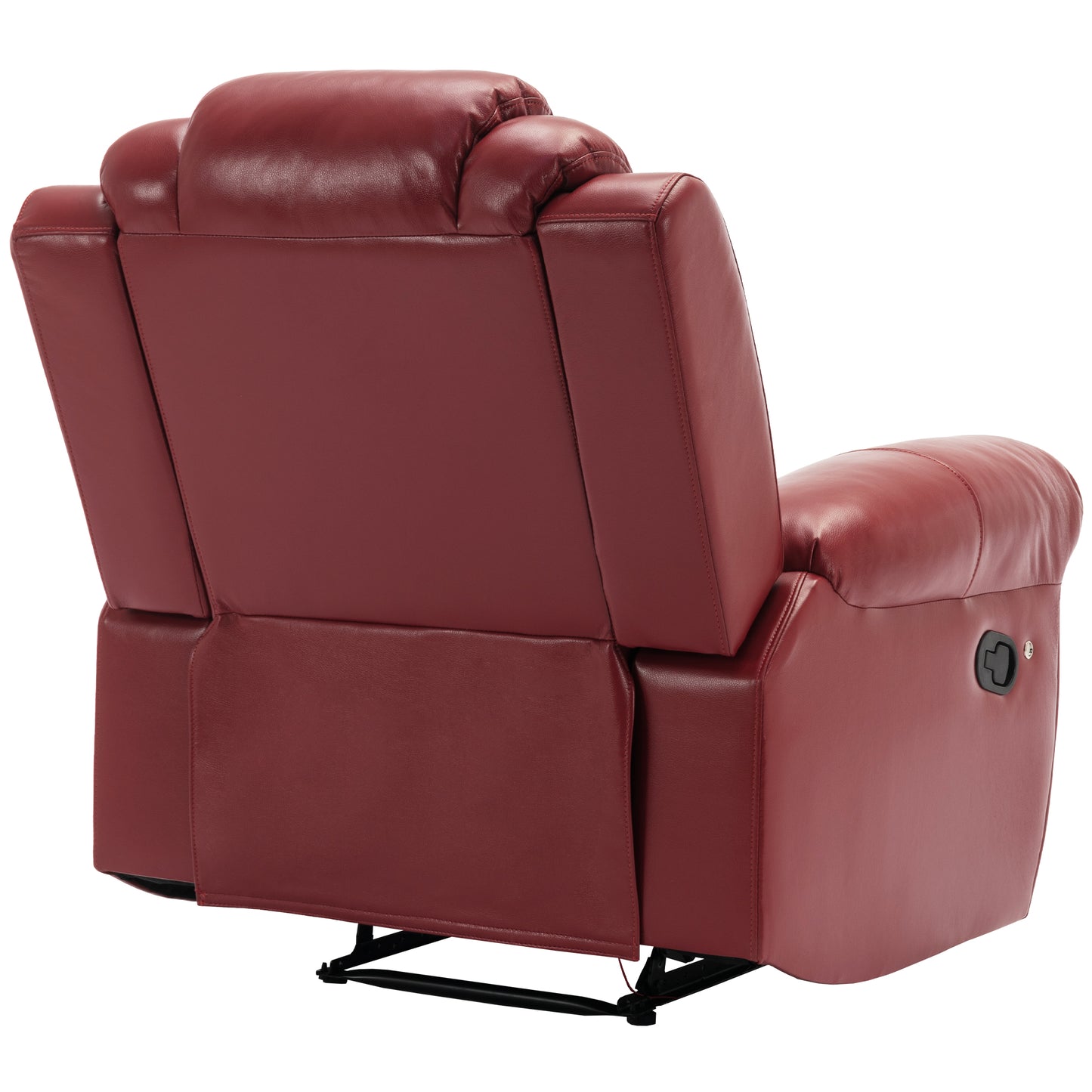 Deep red leather recliner chair with plush cushioning and visible recline lever
