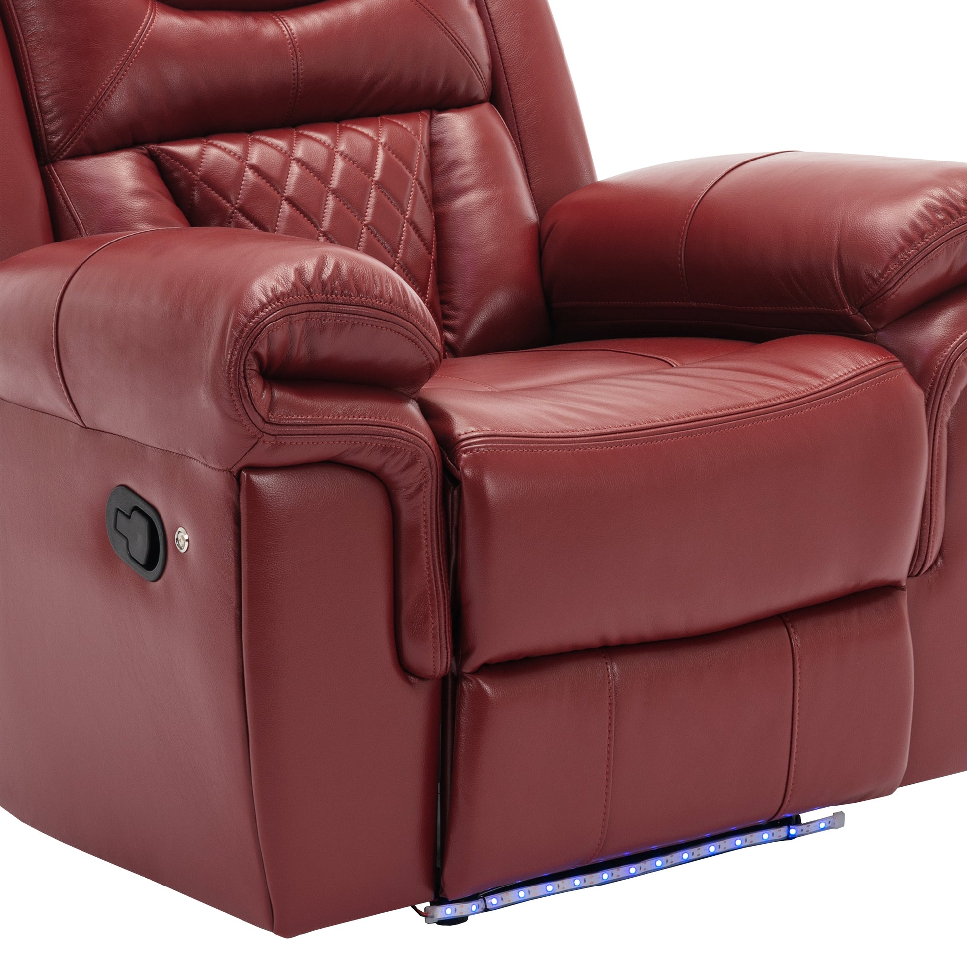Red leather recliner with diamond stitching and LED ambient lighting for modern living rooms
