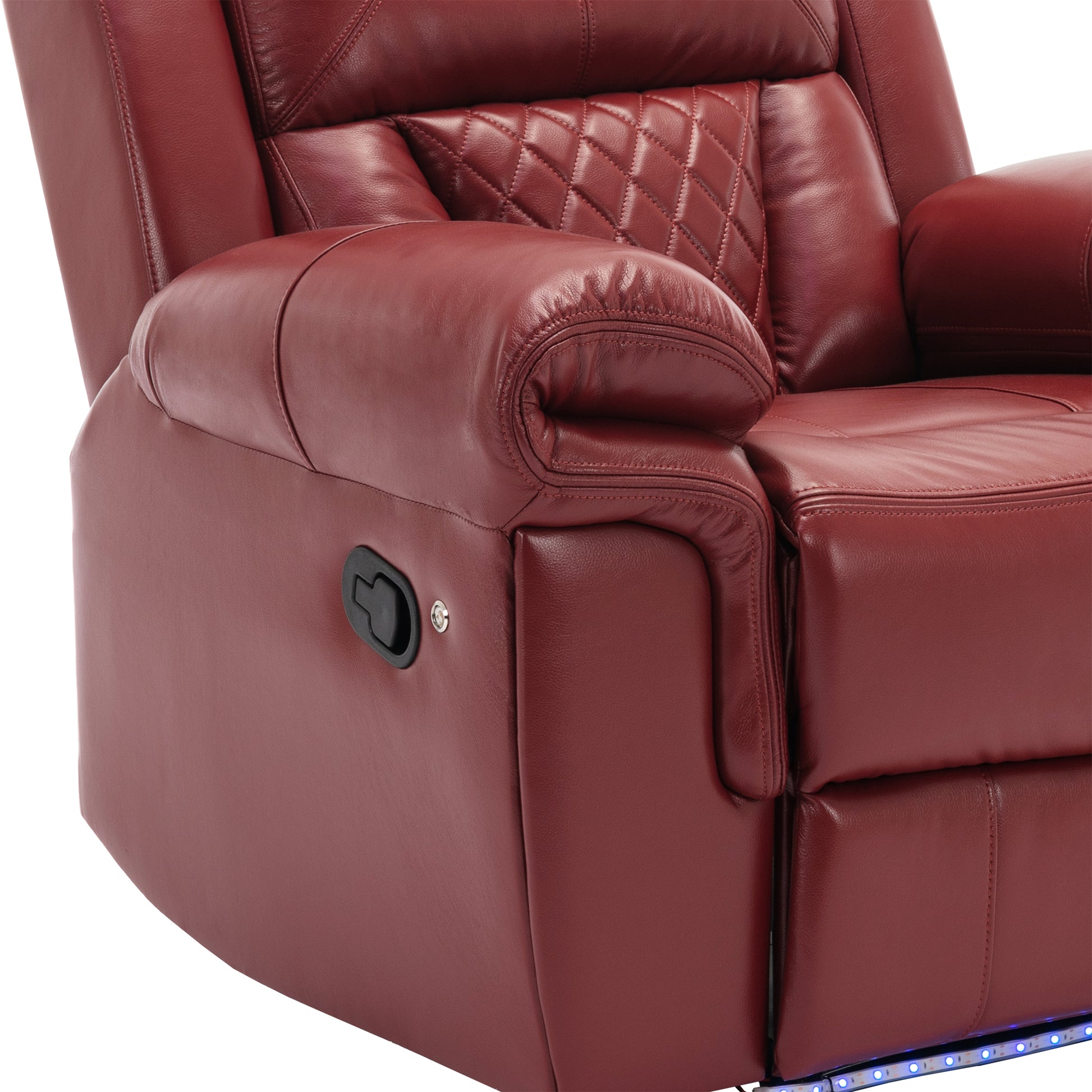 Red leather recliner chair with diamond stitching and LED base lighting