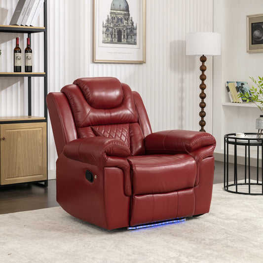 Luxurious red leather recliner chair with quilted backrest and padded armrests perfect for home theaters