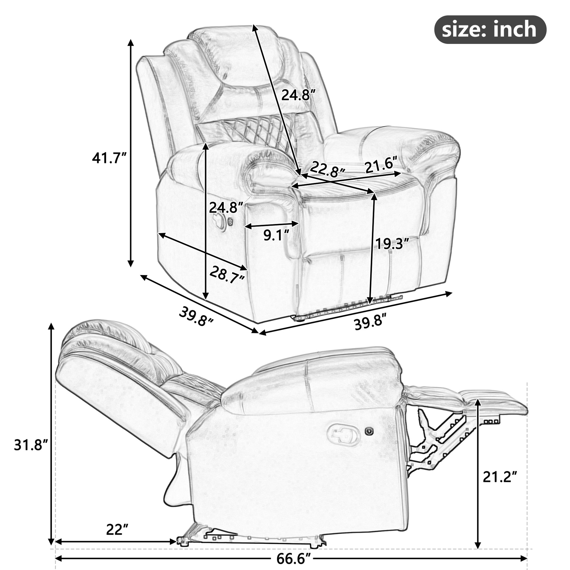Reclining armchair dimensions  H x  W x  D plush comfort