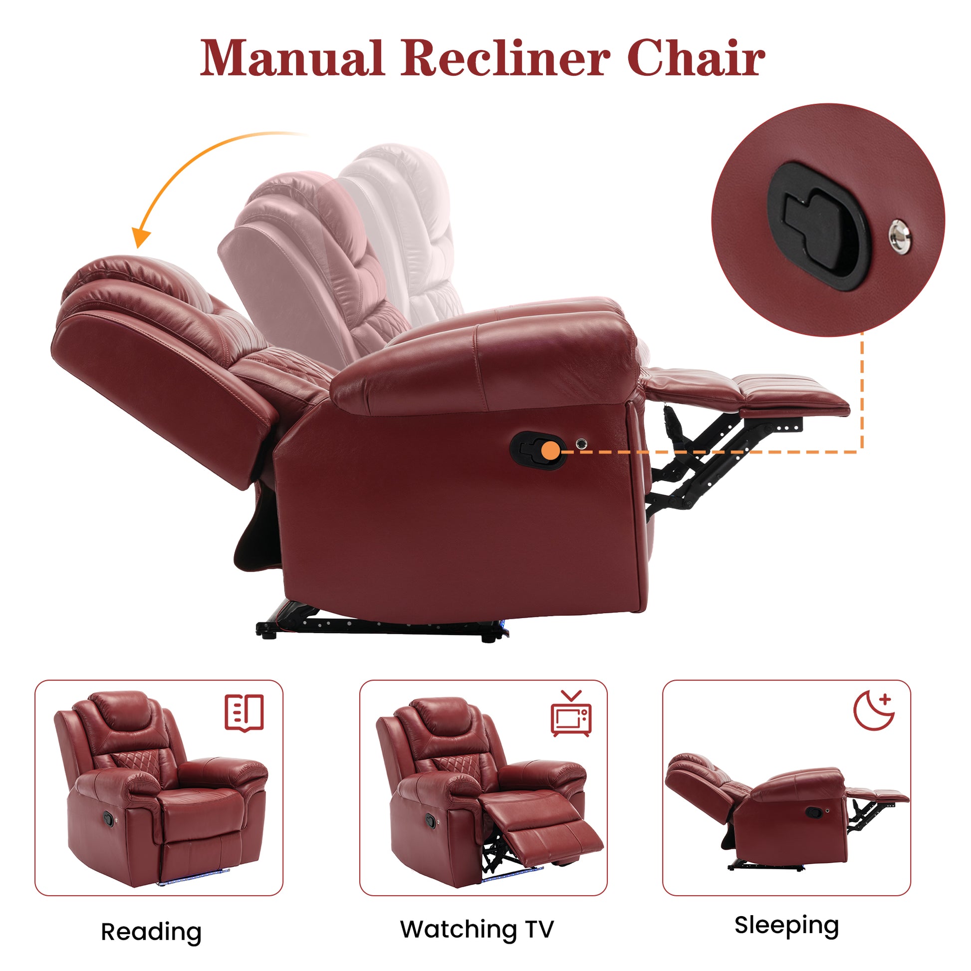 Burgundy manual recliner chair with plush cushioning and diamond stitching detail for ultimate comfort