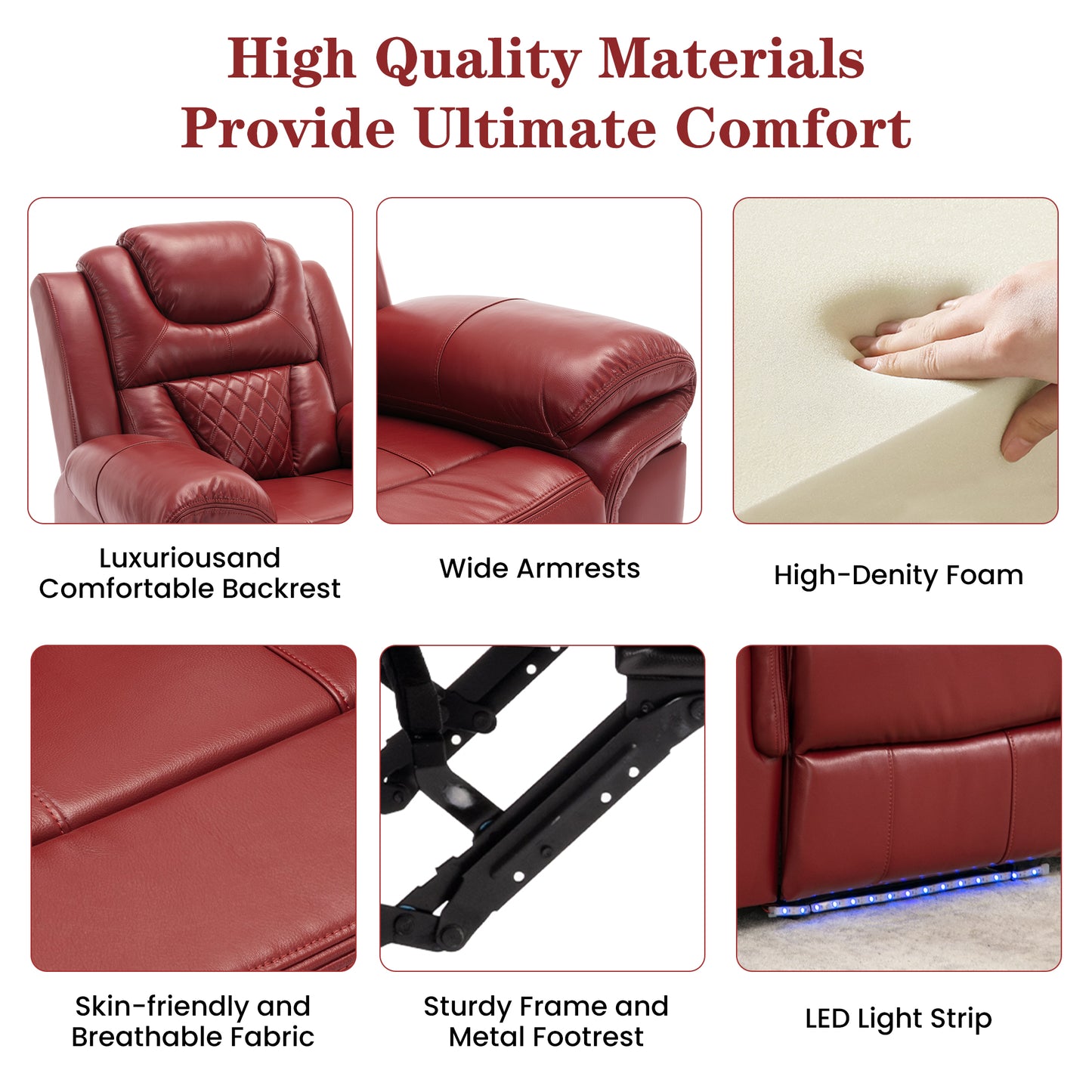Red leather recliner with quilted backrest and padded headrest