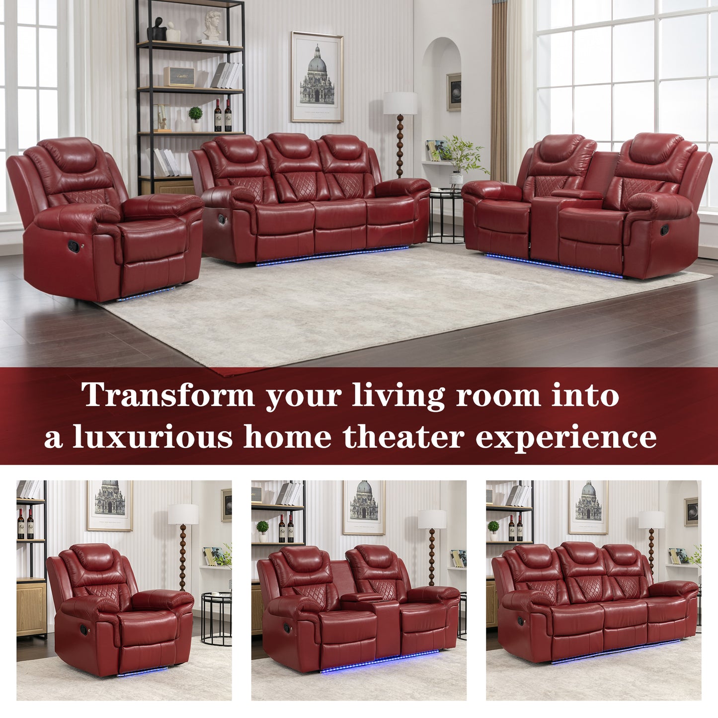 Red leather recliner chair with diamond stitching and LED lighting
