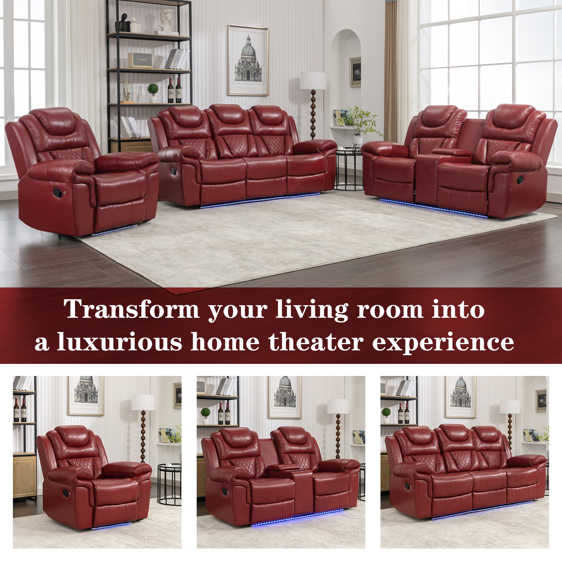 Red leather recliner chair with diamond stitching and LED lighting