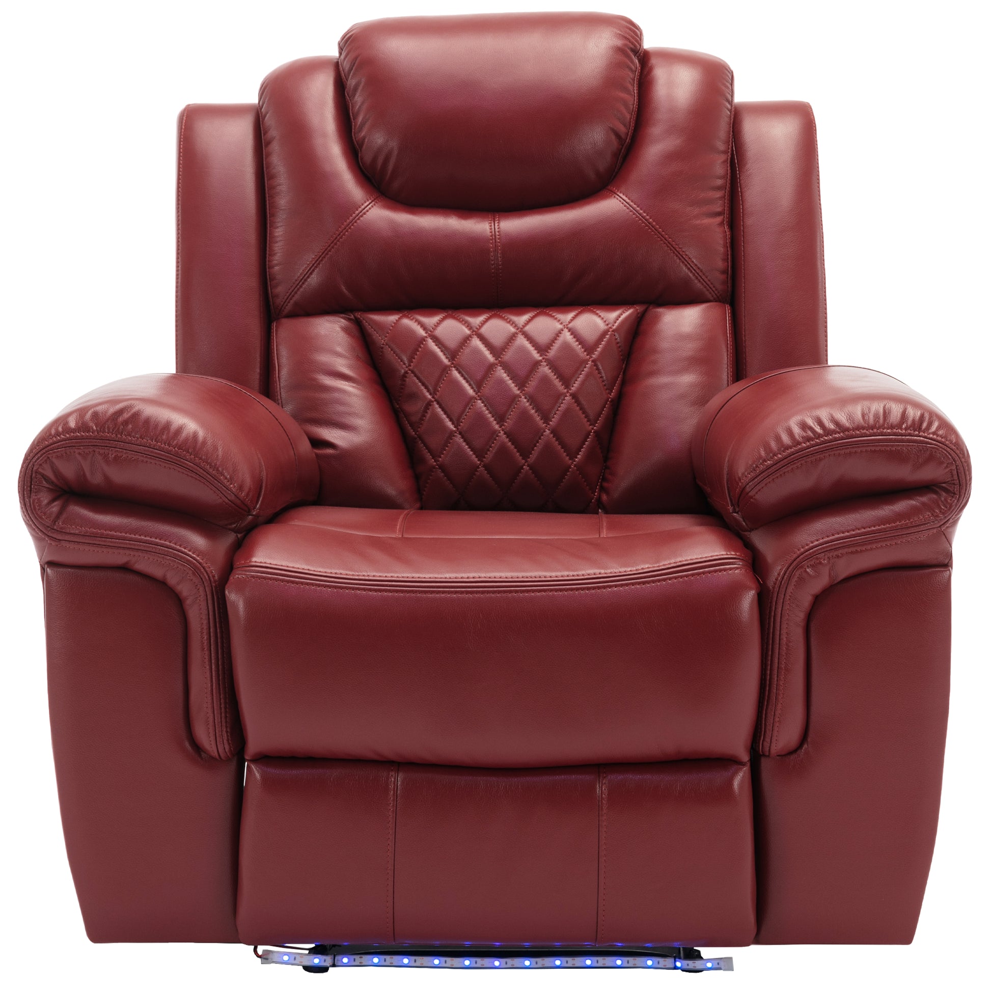 Red leather recliner chair with plush cushioning and diamond stitching detail
