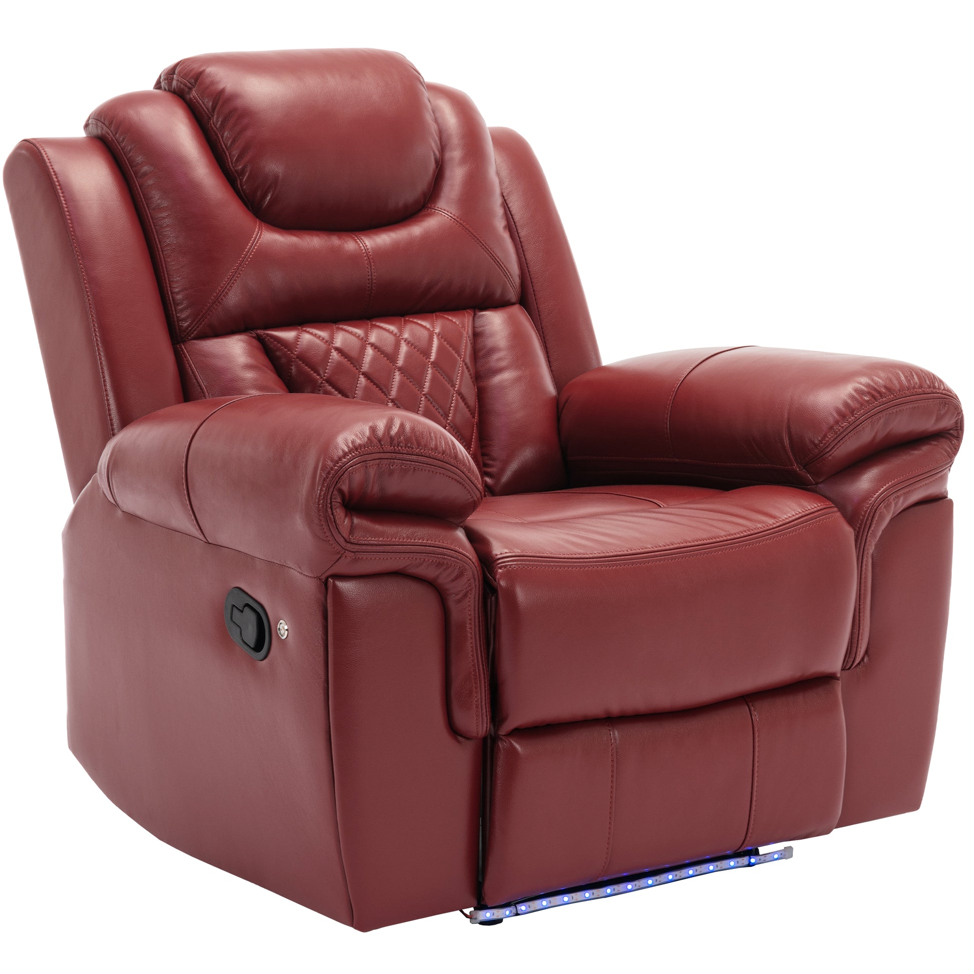 Deep red leather recliner chair with diamondstitched backrest plush armrests and integrated blue LED base lighting