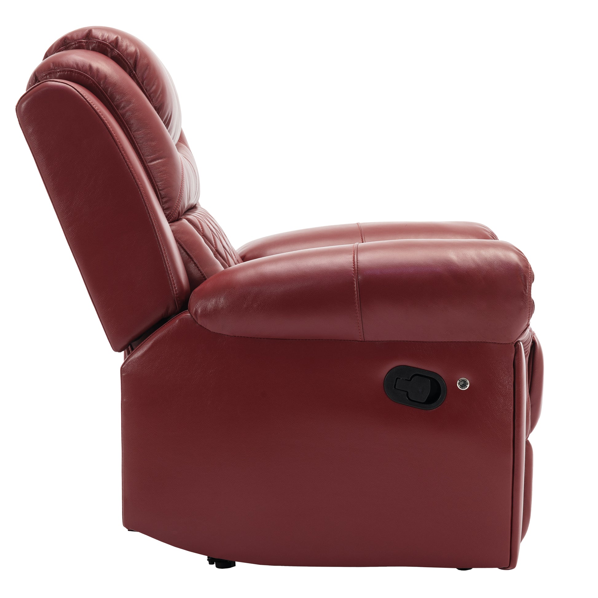 Deep red leather recliner chair with plush cushioning and a side lever for reclining