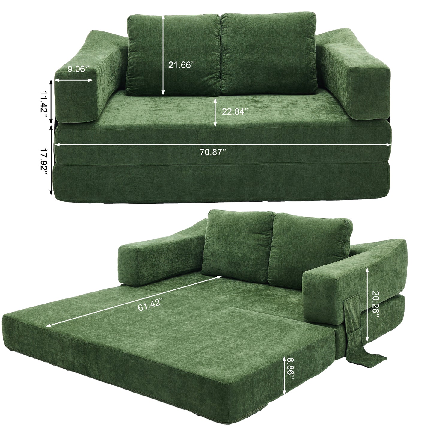 Green velvet sofa bed in folded position with dimensions shown