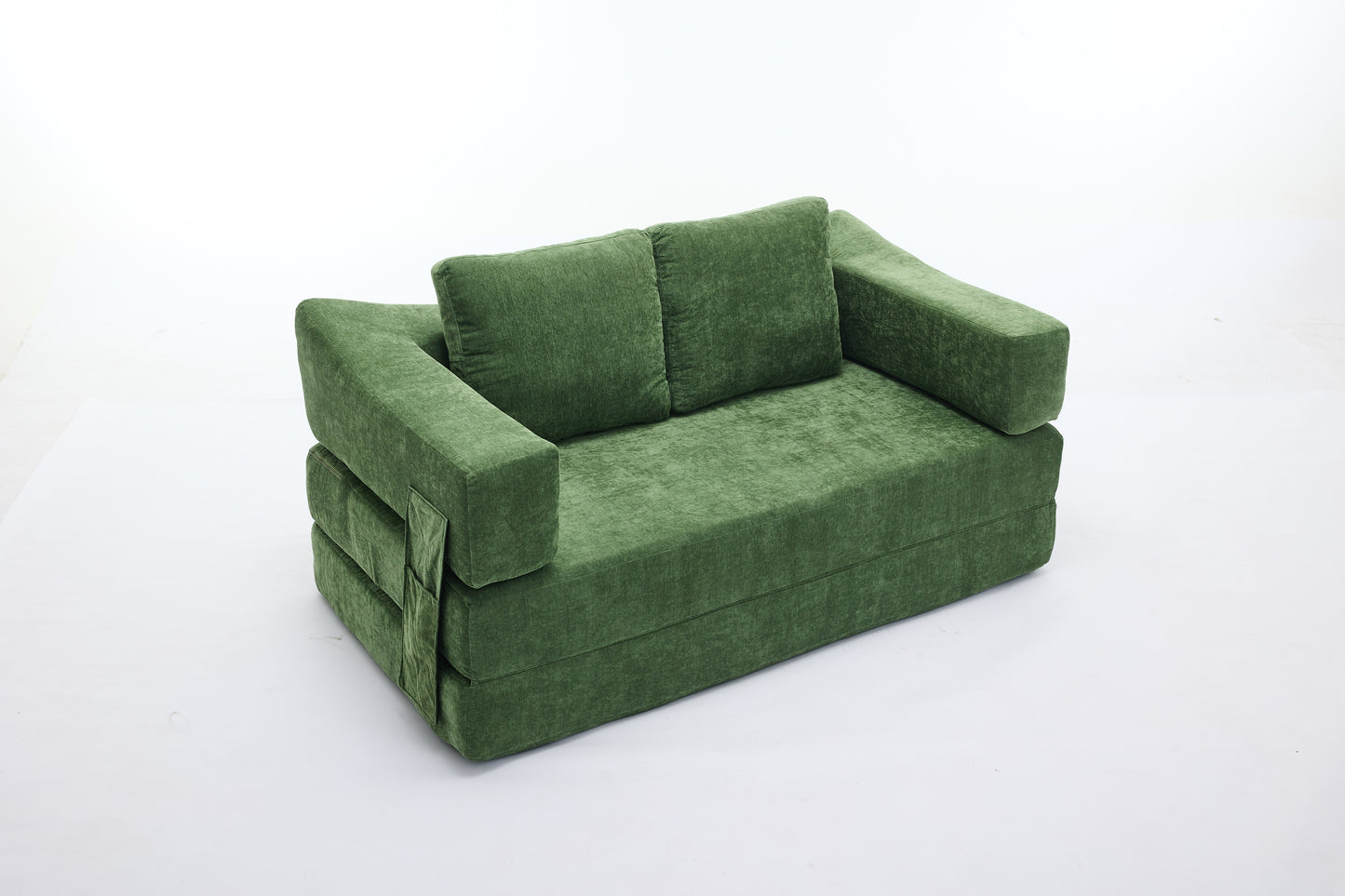 Green velvet foldable sofa bed with two cushions modern style