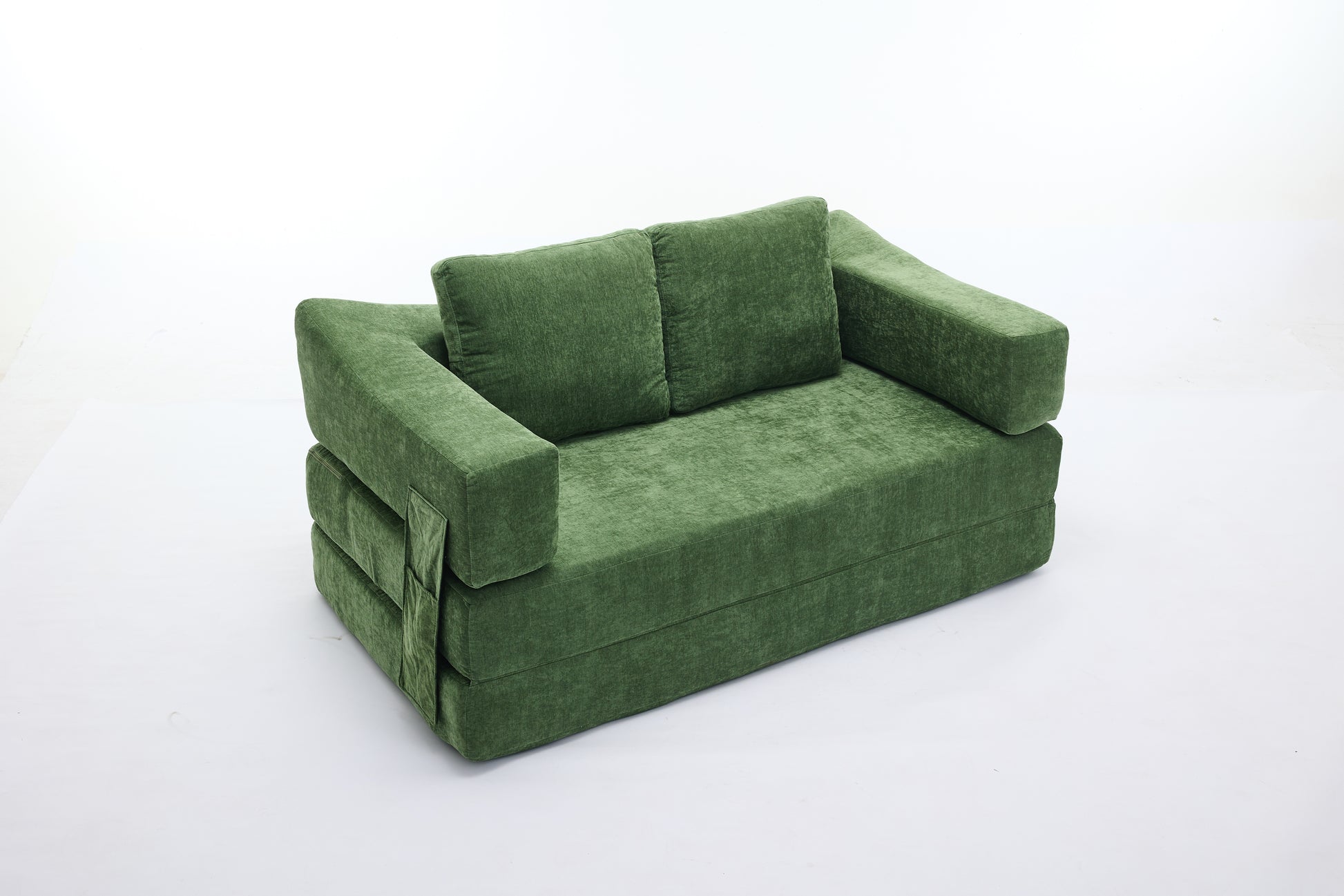Green velvet foldable sofa bed with two cushions modern style