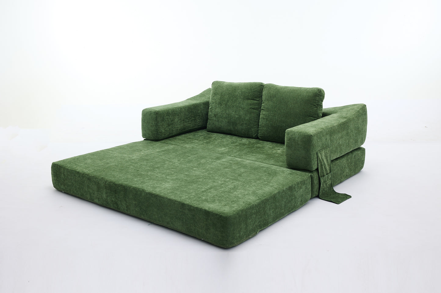 Green velvet modular sectional sofa with clean lines and a low profile