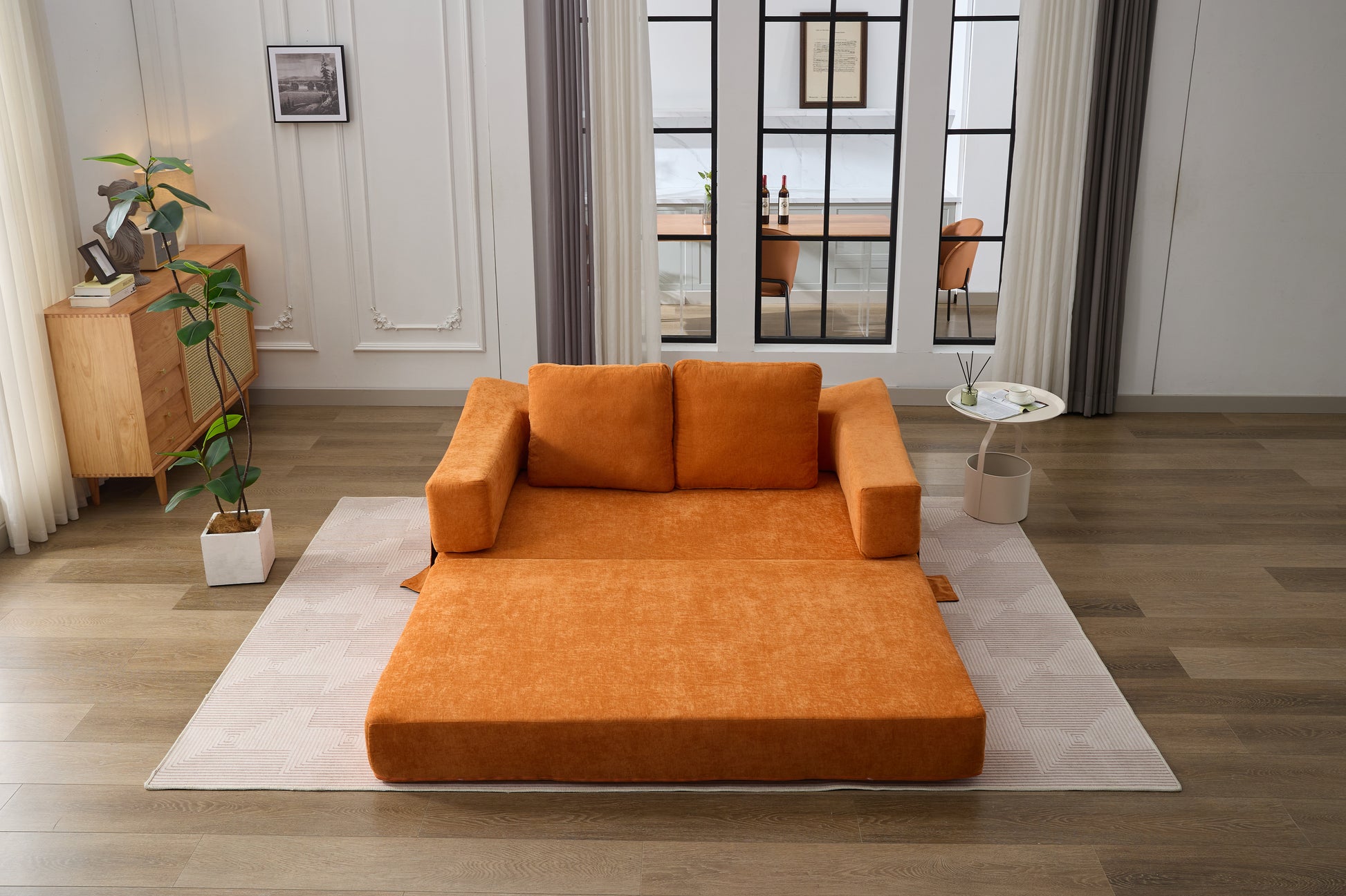 Orange velvet sofa bed fully extended modern design living room furniture