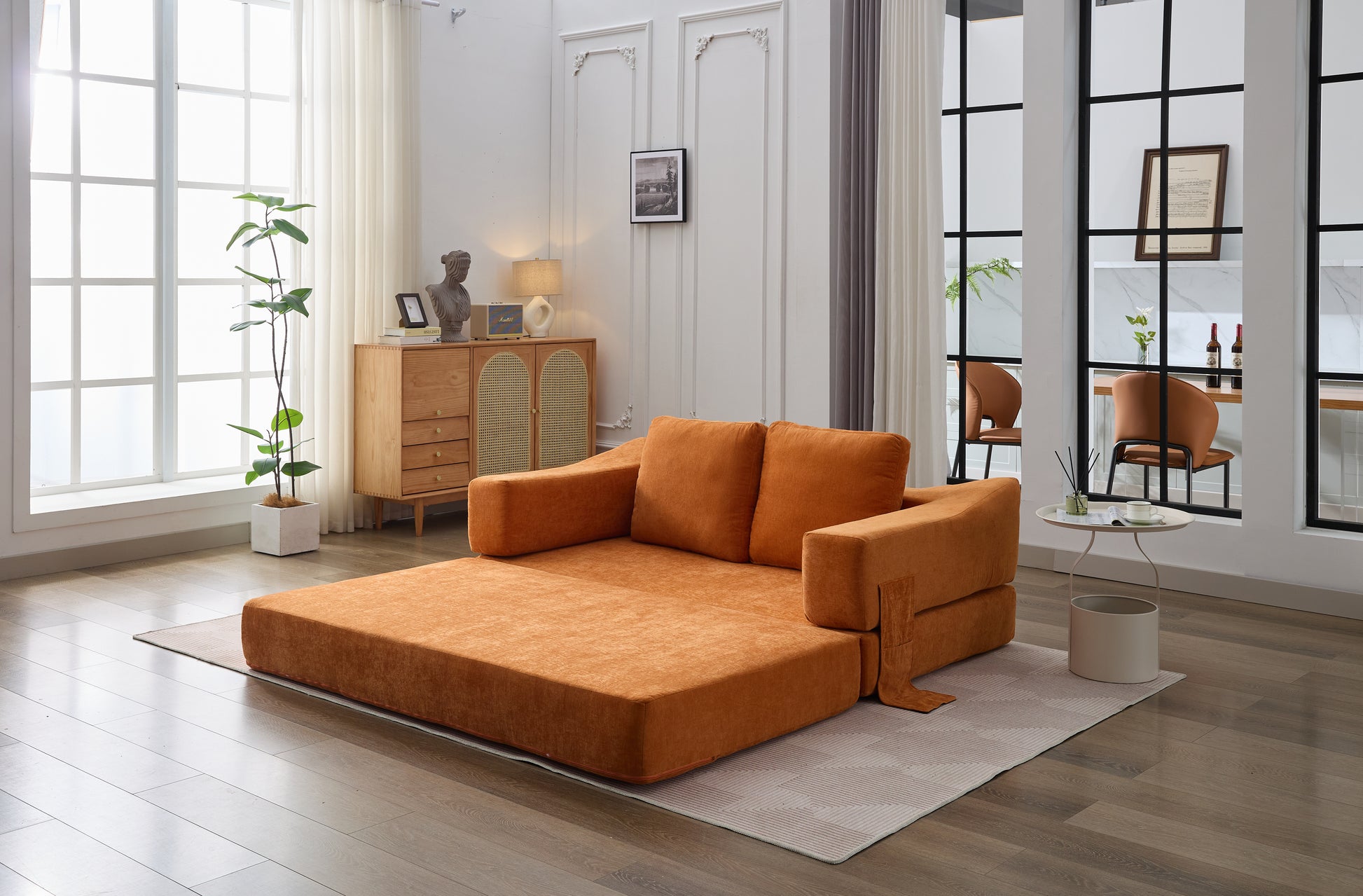 Orange fabric sectional sofa with extended chaise for modern living room seating