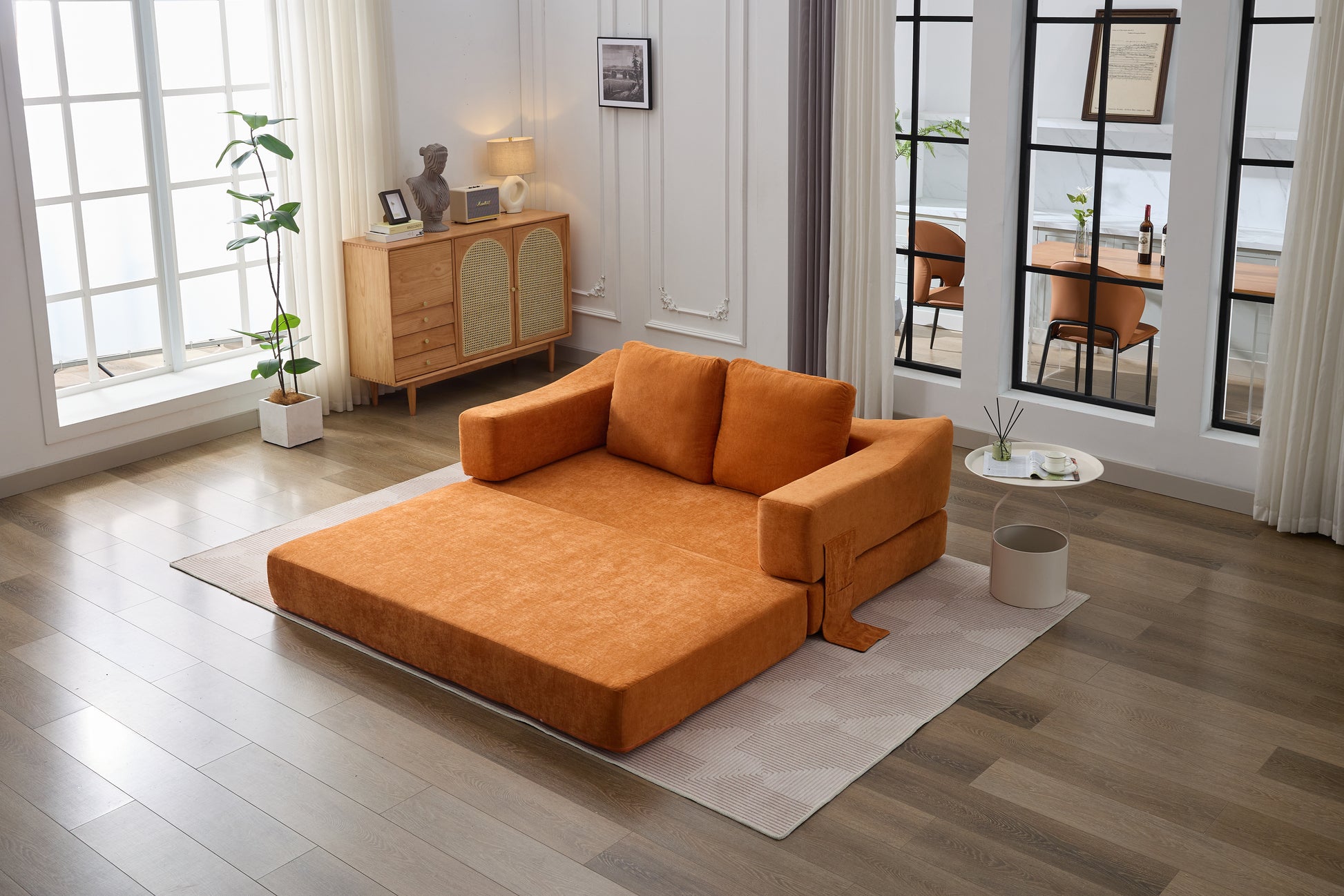 Orange upholstered modular sofa bed unfolded for sleeping modern living room furniture