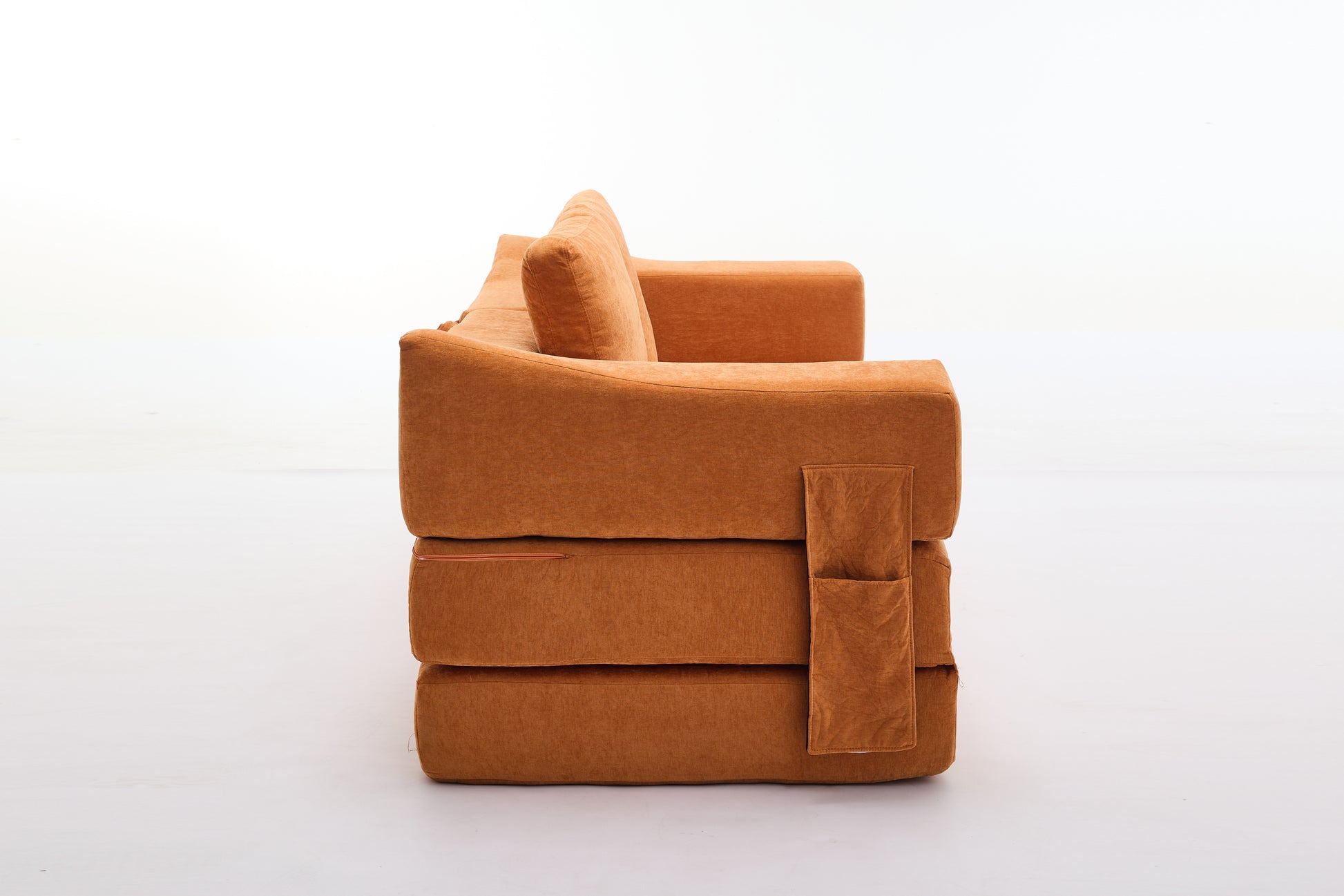 Orange fabric sofa with side storage pockets modern design and comfortable seating