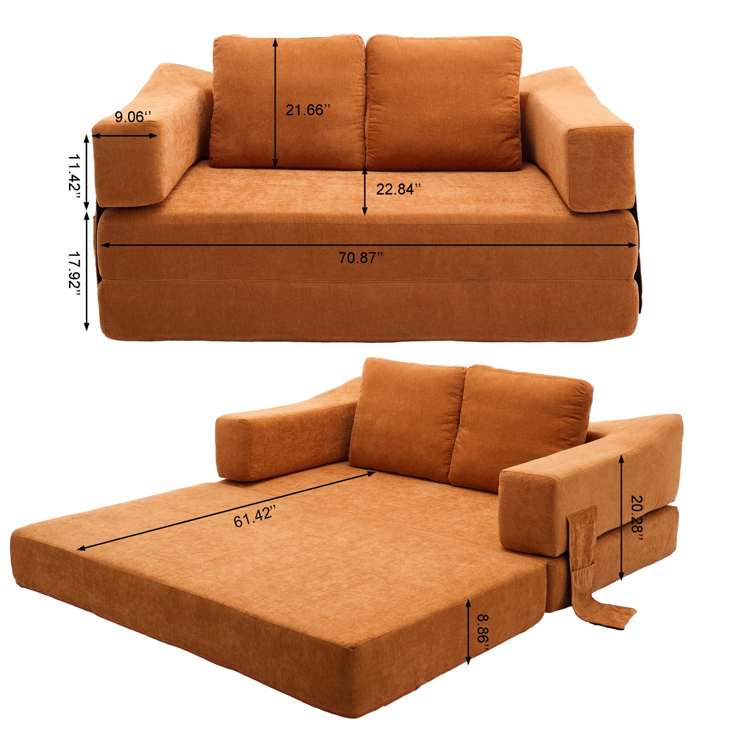 Orange velvet sofa bed with plush cushions dimensions shown ideal for small spaces