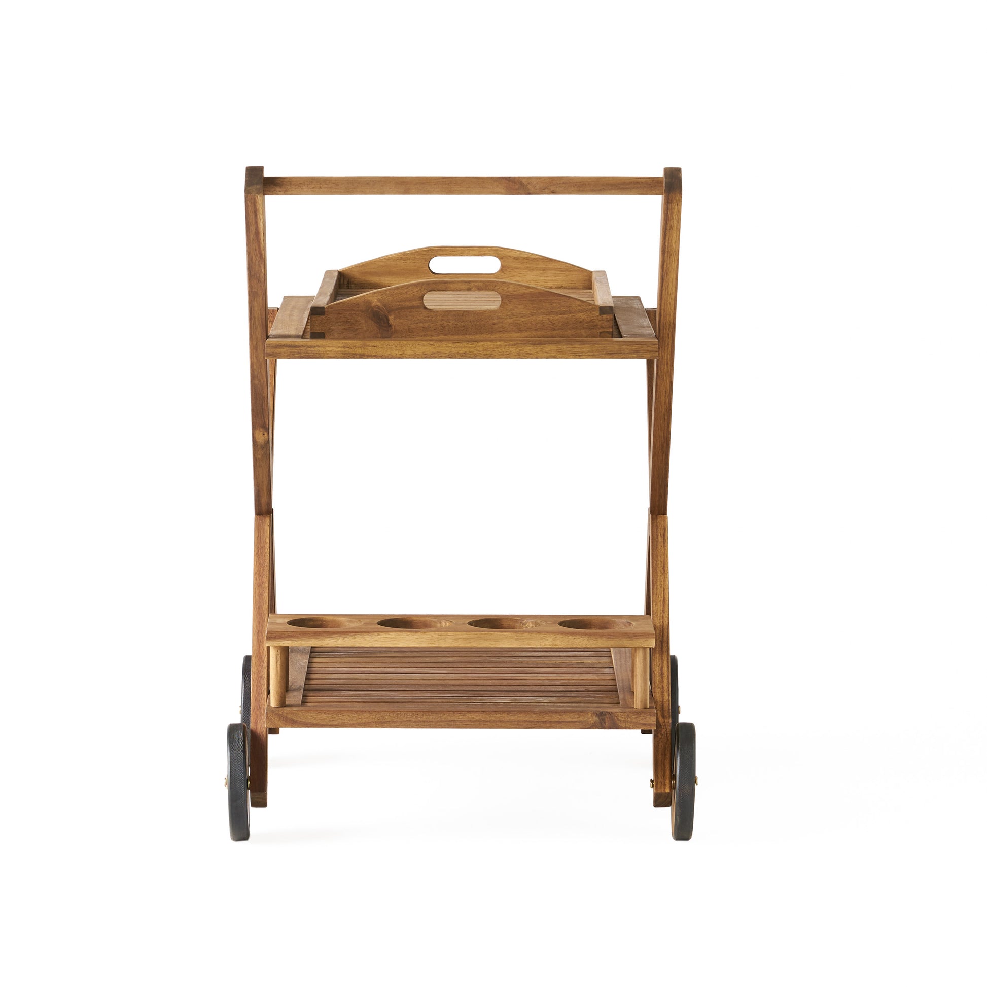 Wooden bar cart with two shelves and builtin bottle holders