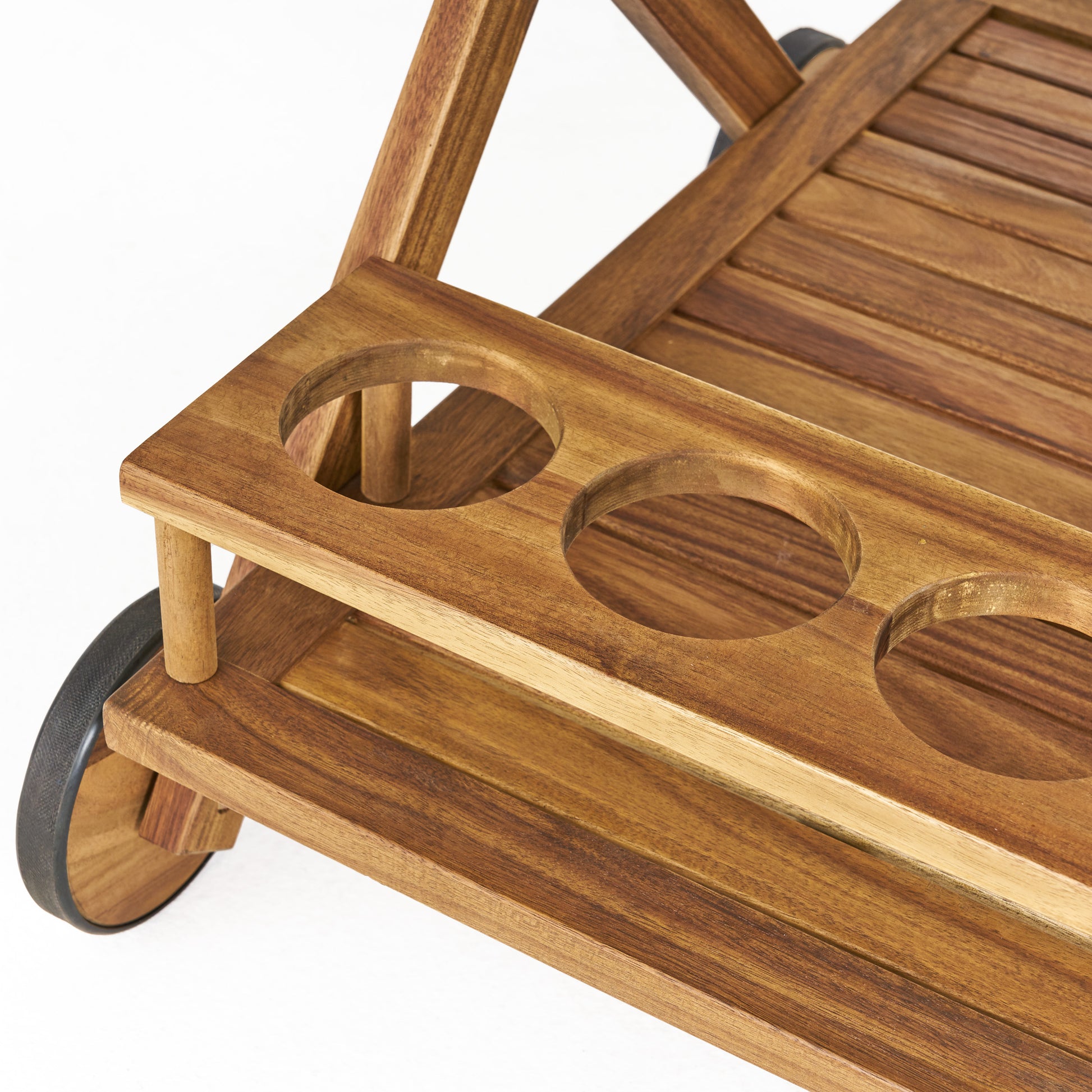Wooden bar cart with three builtin cup holders