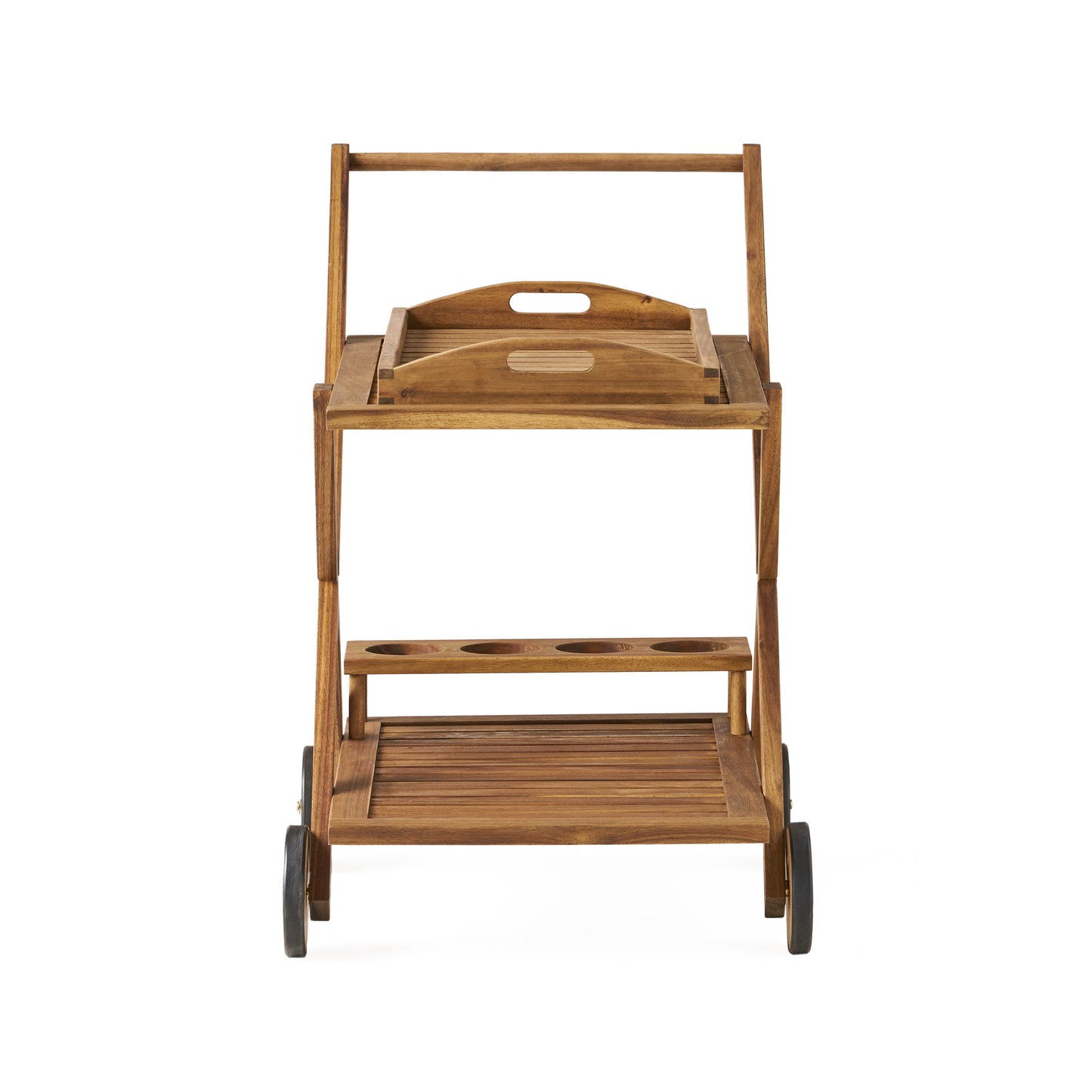 Wooden bar cart with tray and bottle holders