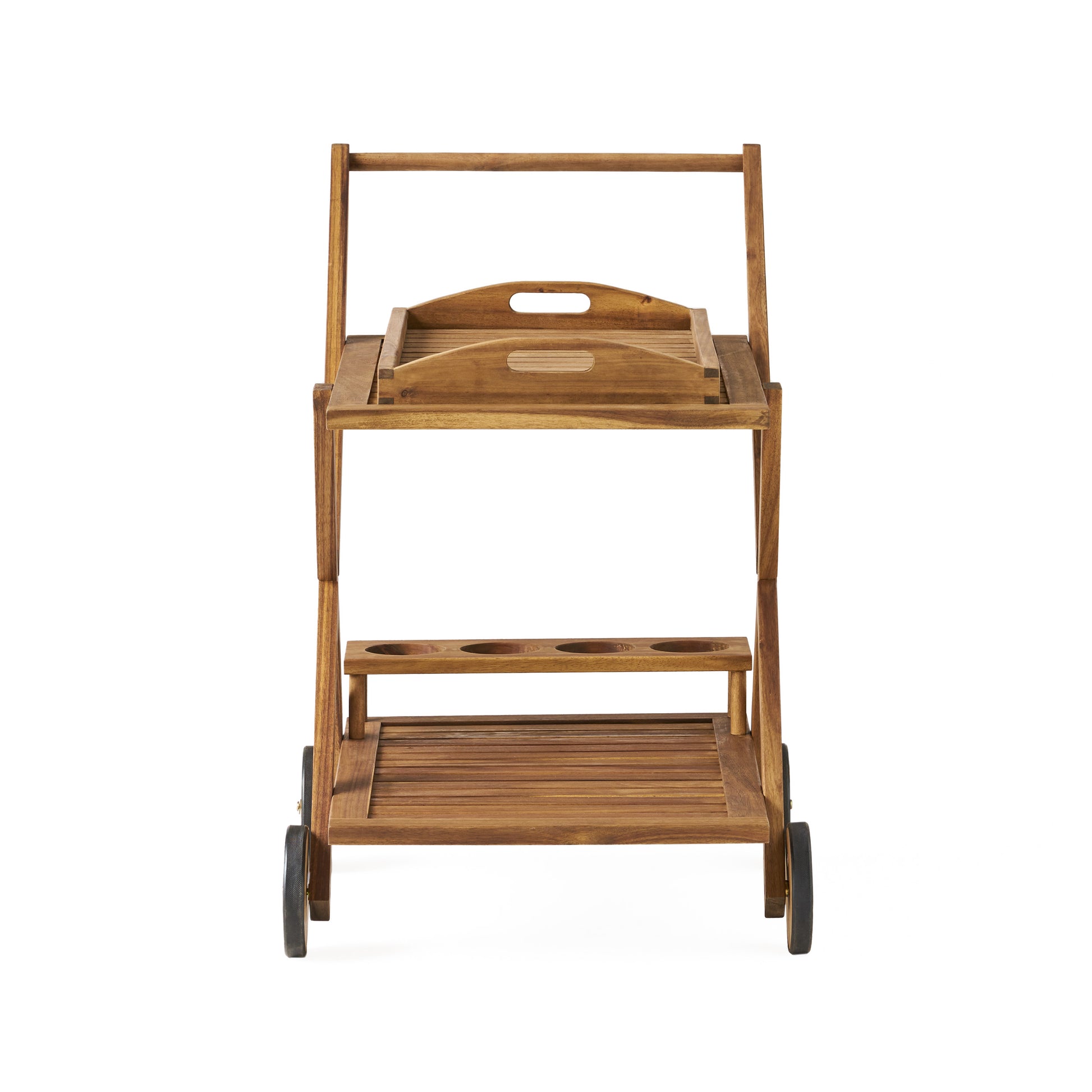 Wooden bar cart with tray and bottle holders