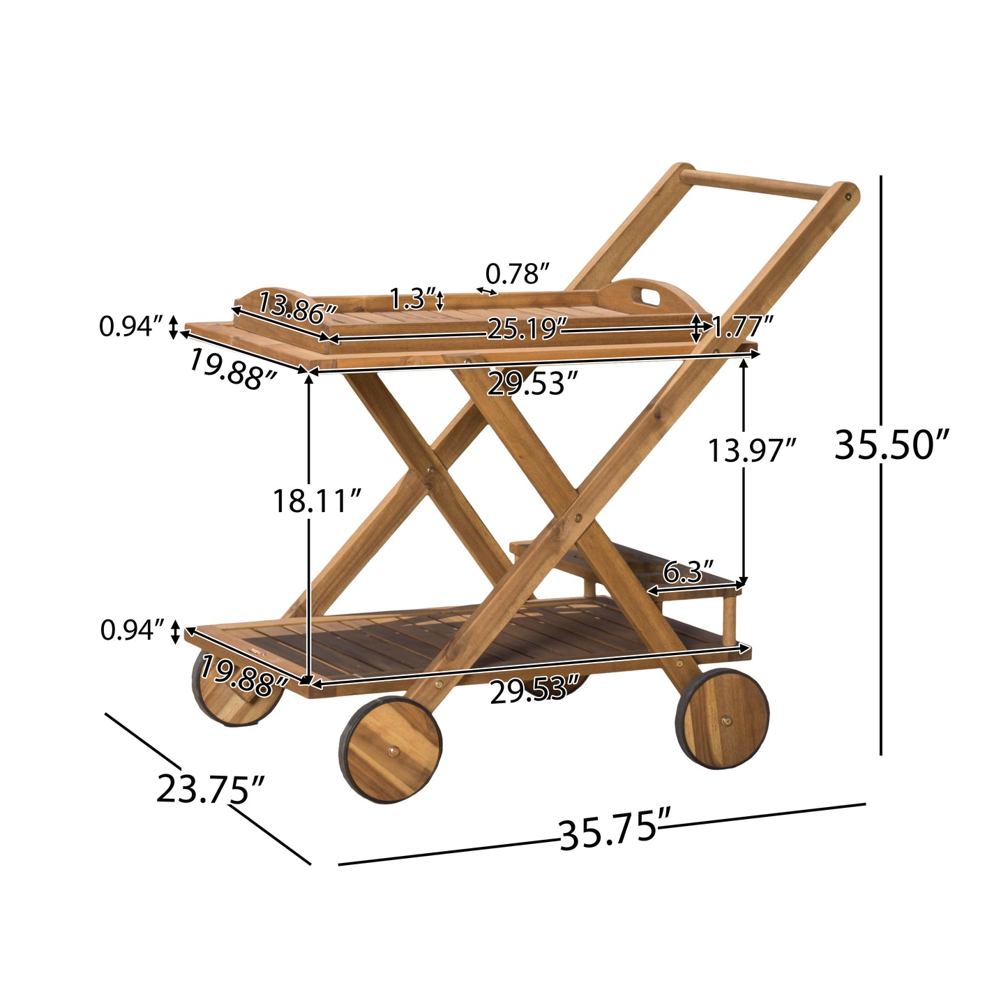 Wooden bar cart with two tiers and wheels