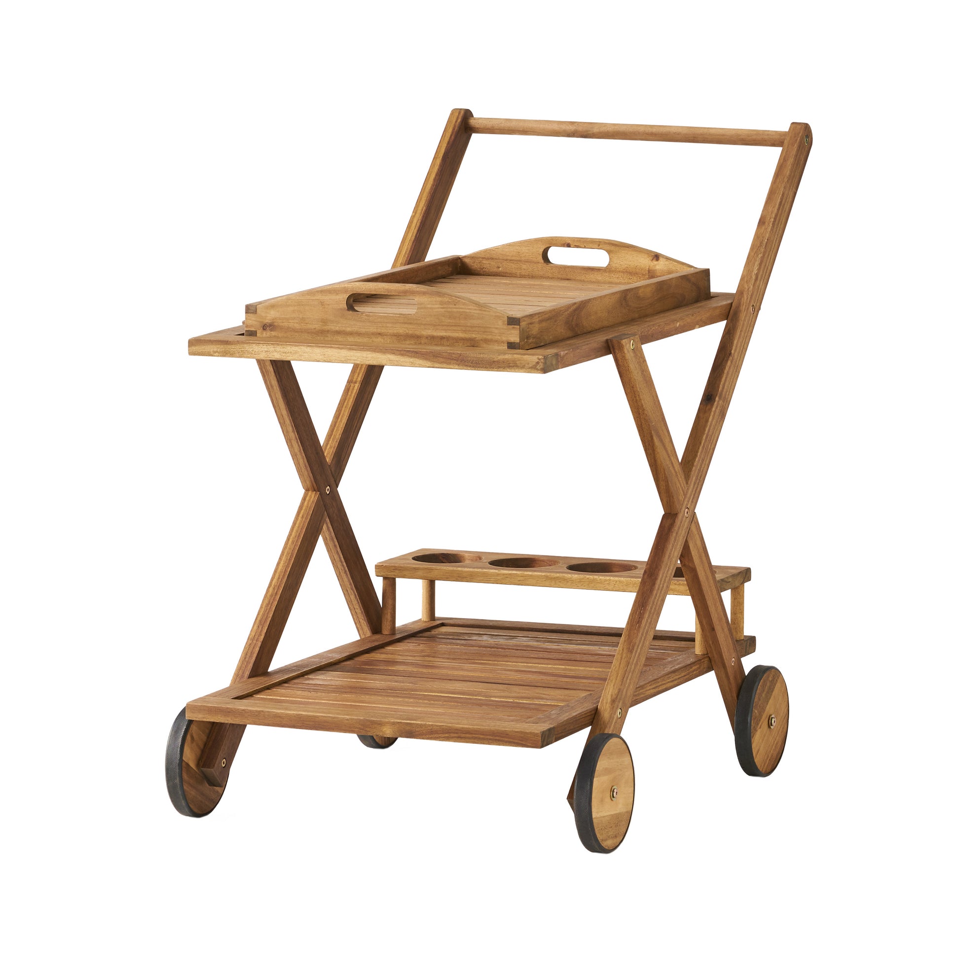 Natural wood serving cart with two tiers and integrated tray for outdoor entertaining