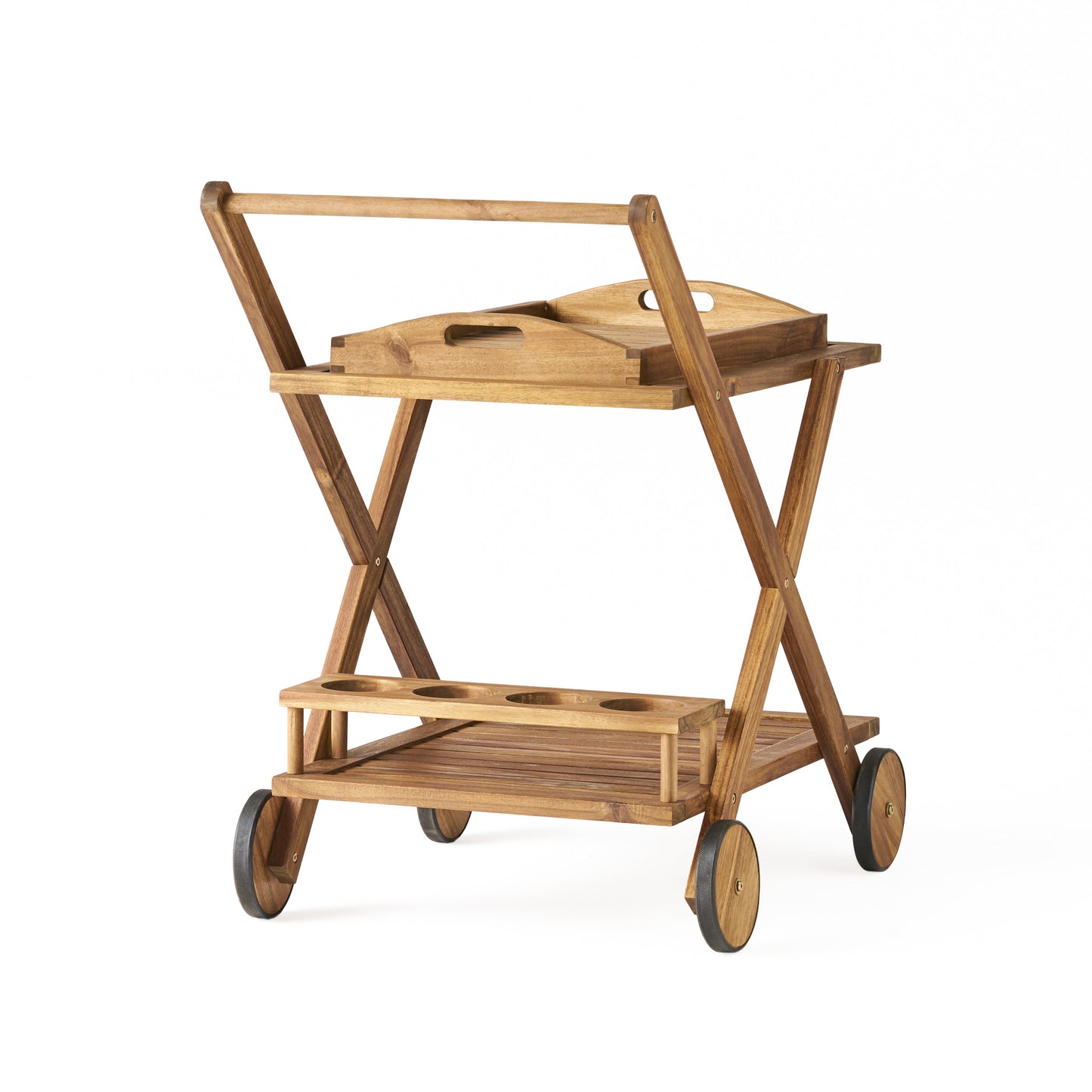 Foldable wooden bar cart with tray and bottle holders