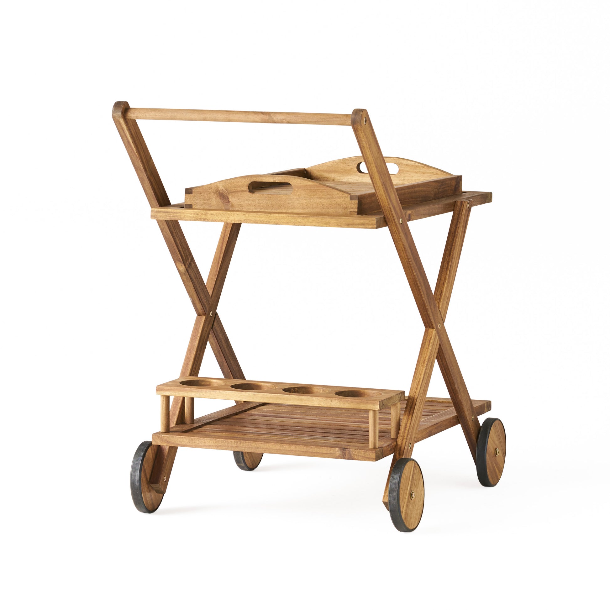 Foldable wooden bar cart with tray and bottle holders