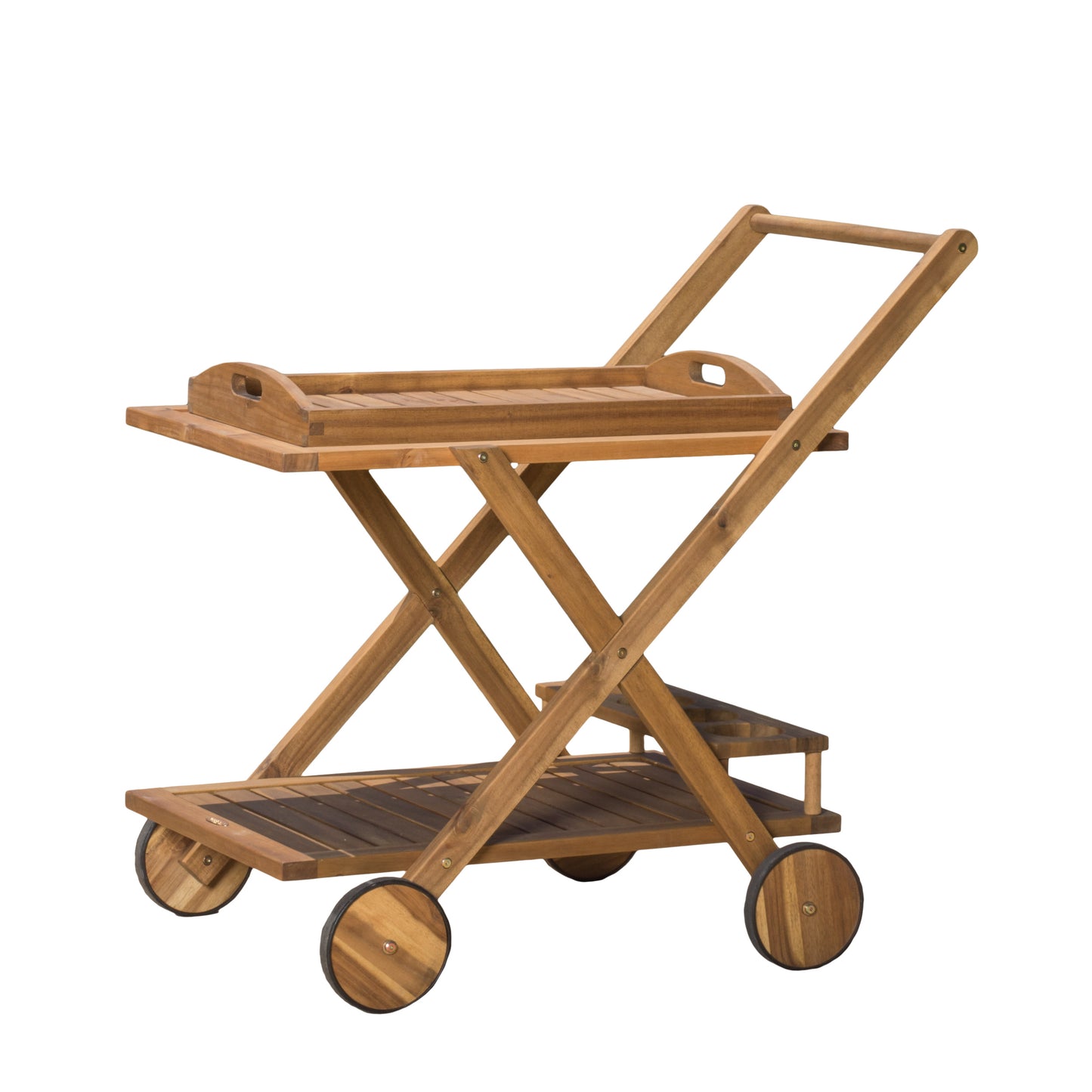 Acacia wood bar cart with removable serving tray and two wheels