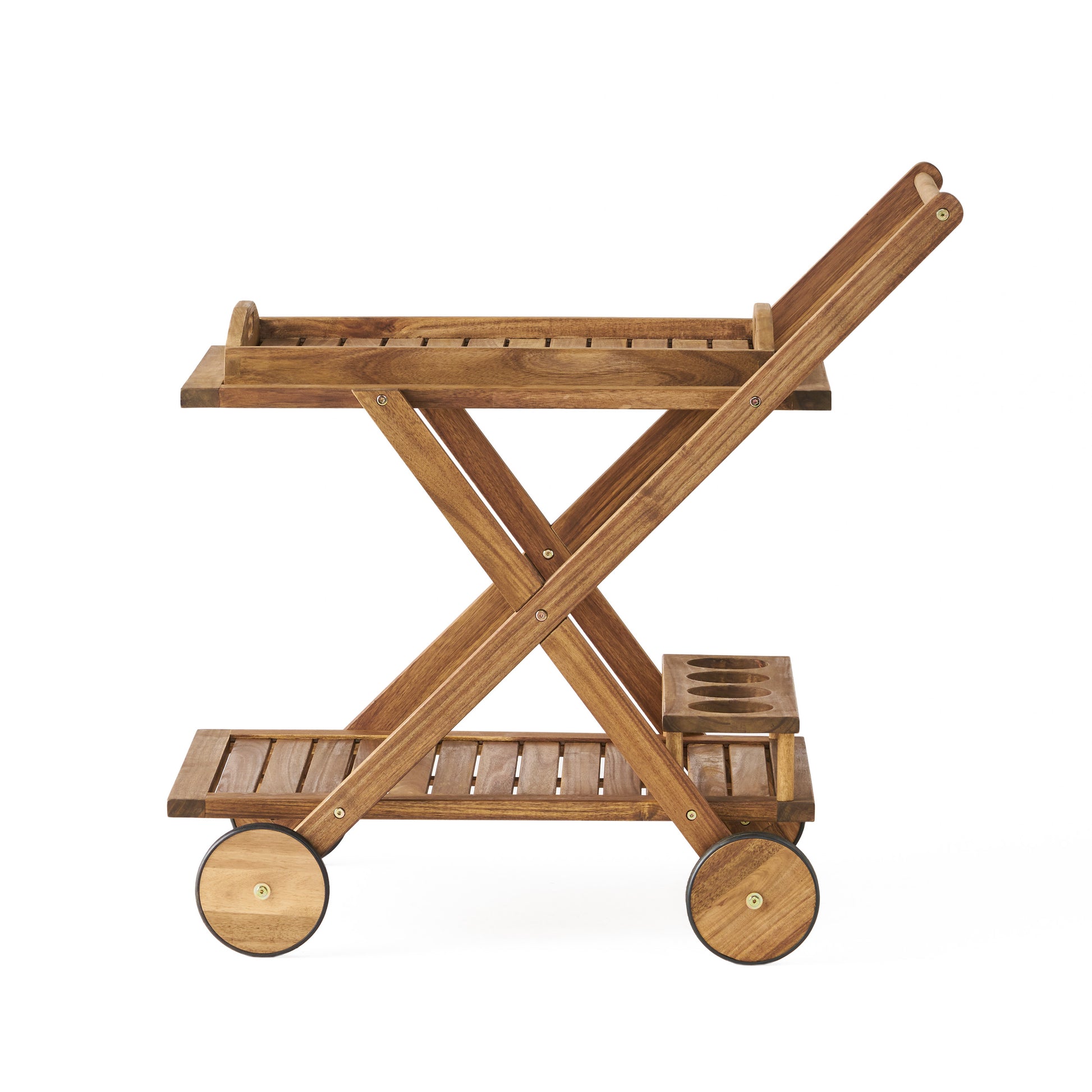 Wooden serving cart with two shelves and bottle holders