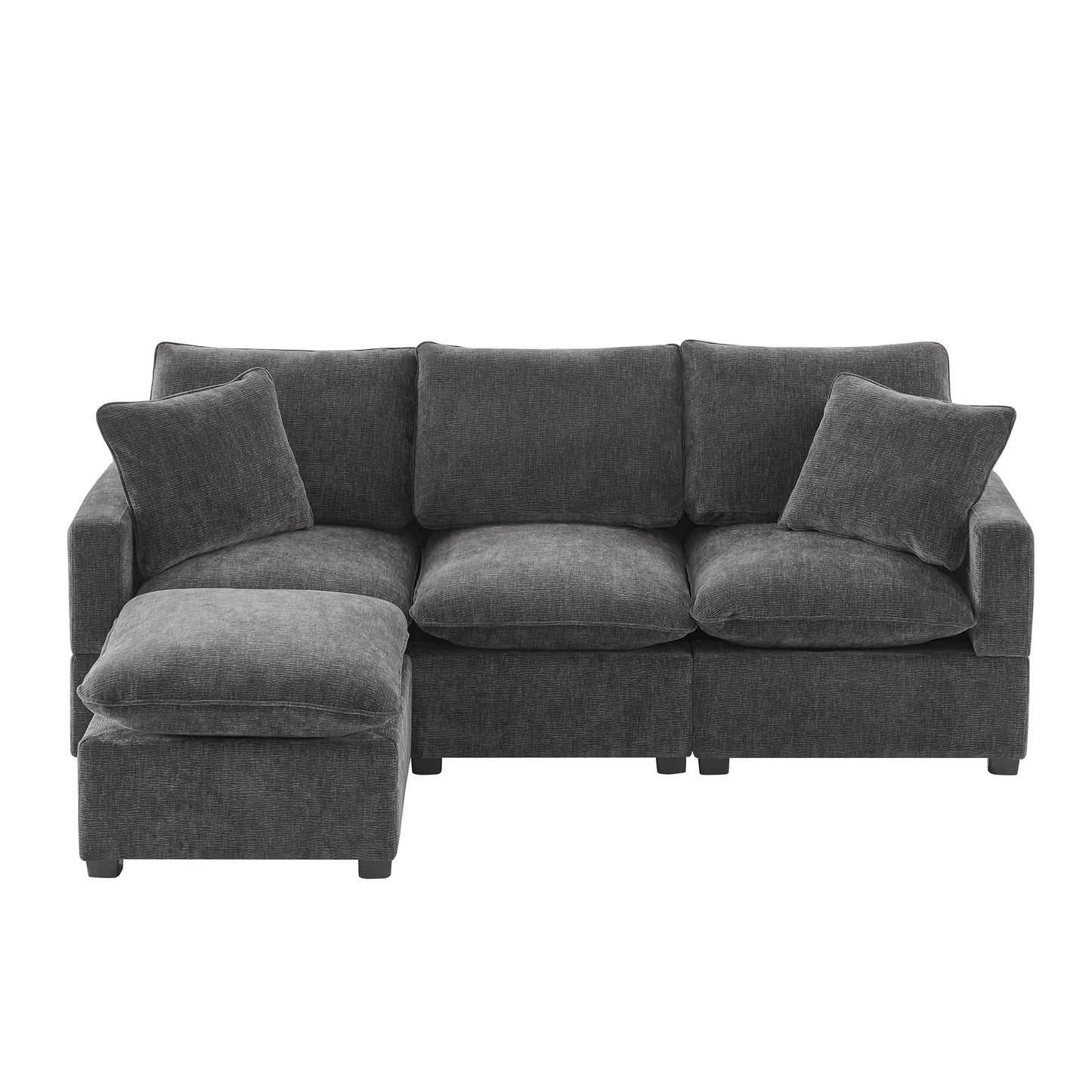 Dark gray fabric sectional sofa with plush cushions and an ottoman for modern living rooms